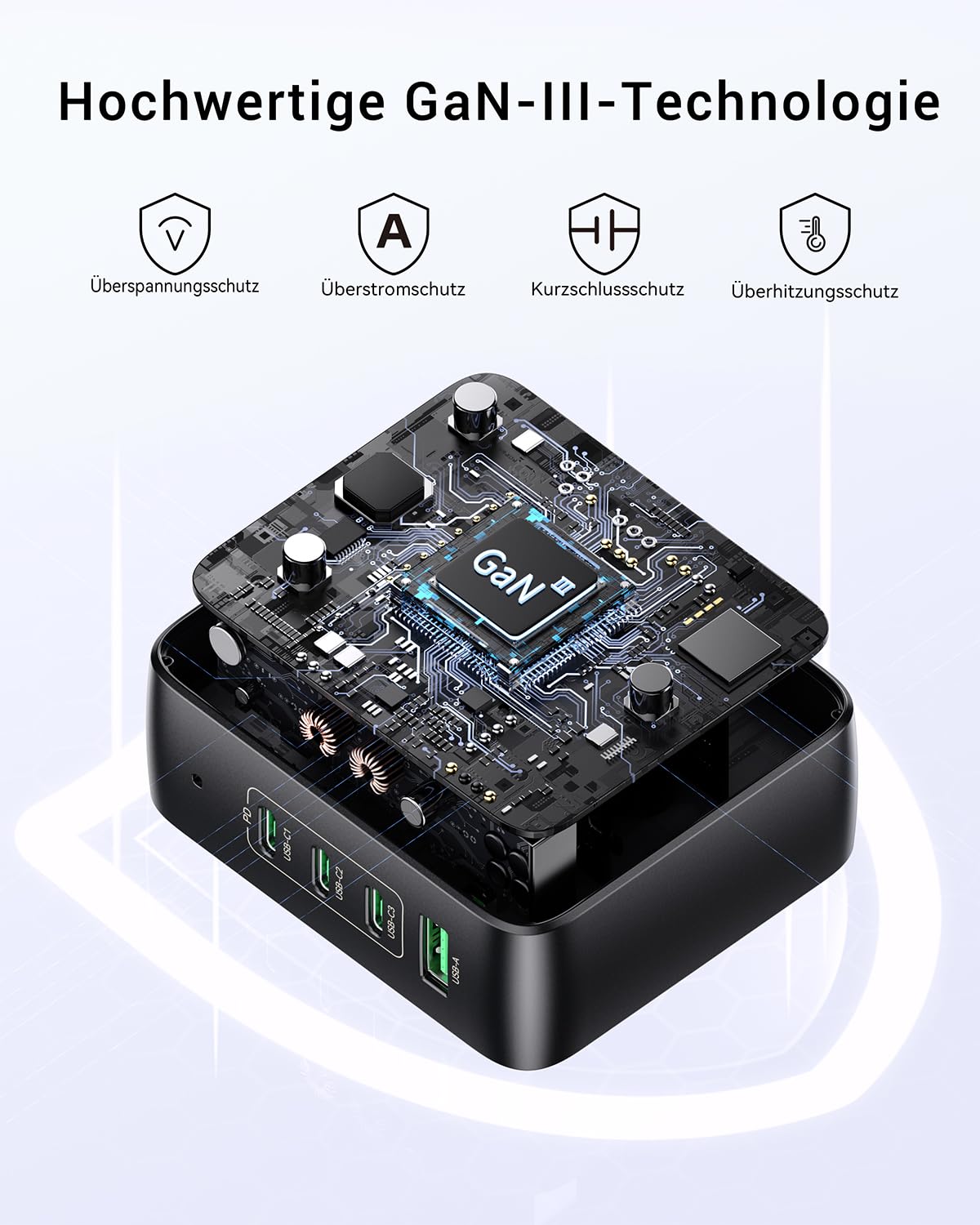 SELORE - Caricatore USB C GaN da 140 W, 4 porte, con cavo da USB C a USB C da 2 m, 140 W, alimentatore di rete PD 3.1 per MacBook Pro/Air, iPhone 17/16/15, Samsung S25/S24, iPad, caricatore per laptop