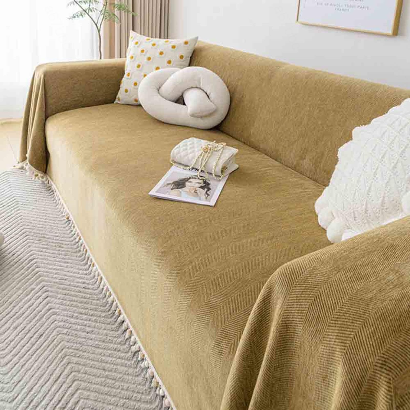 Large Throws for Sofas 3 Seater, Chenille Sofa Throws Large 4 Seater, Throws for Sofas Large Couch Throw with Decorative Tassels, Washable Breathable Sofa Blanket Cover,K-180x340cm/70.87x133.86in