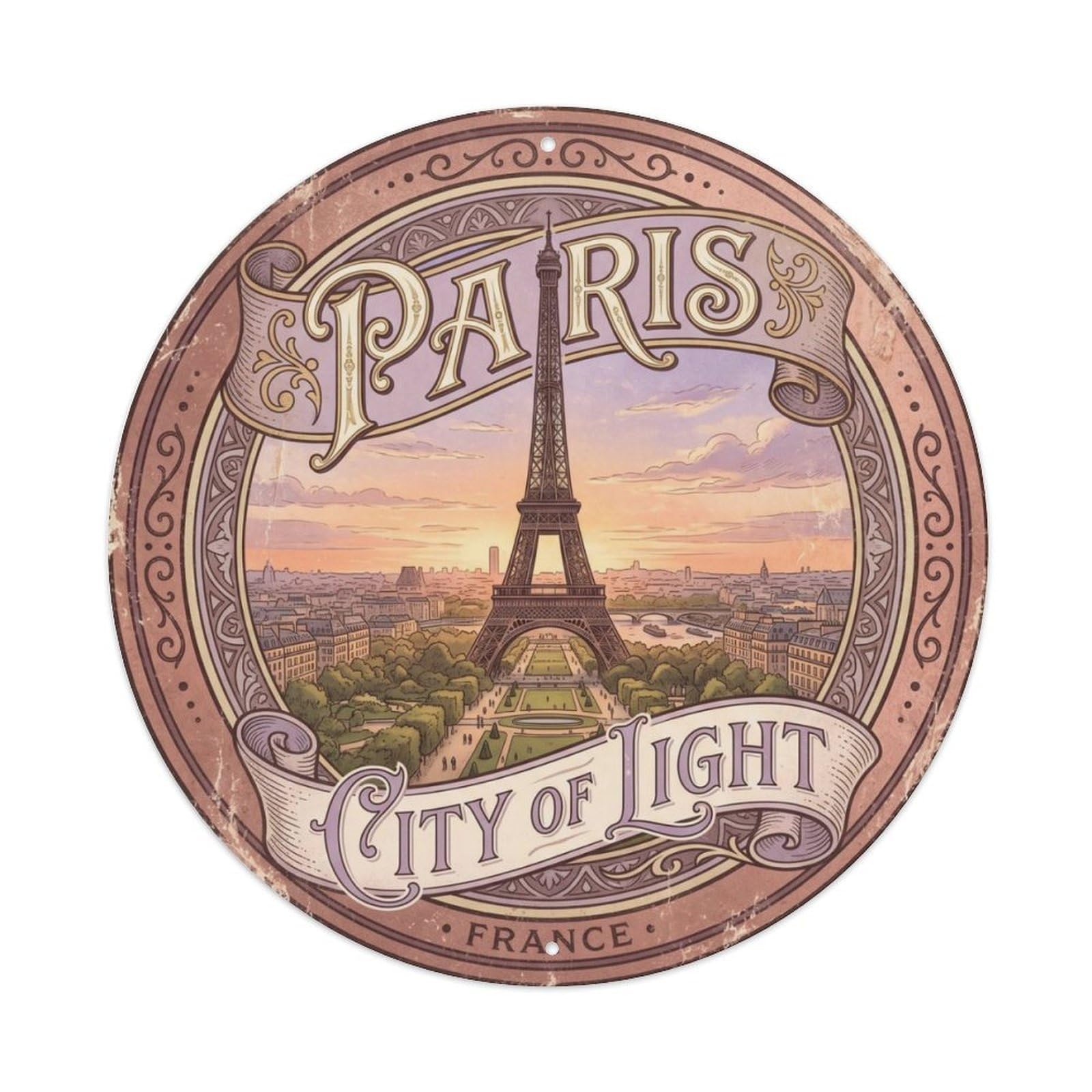 Vintage Travel Paris Eiffel Tower Metal Tin Sign Plaque Wall Decor for Cafe, Club Bar, Office, Home Garden Round Metal Poster 8x8Inch