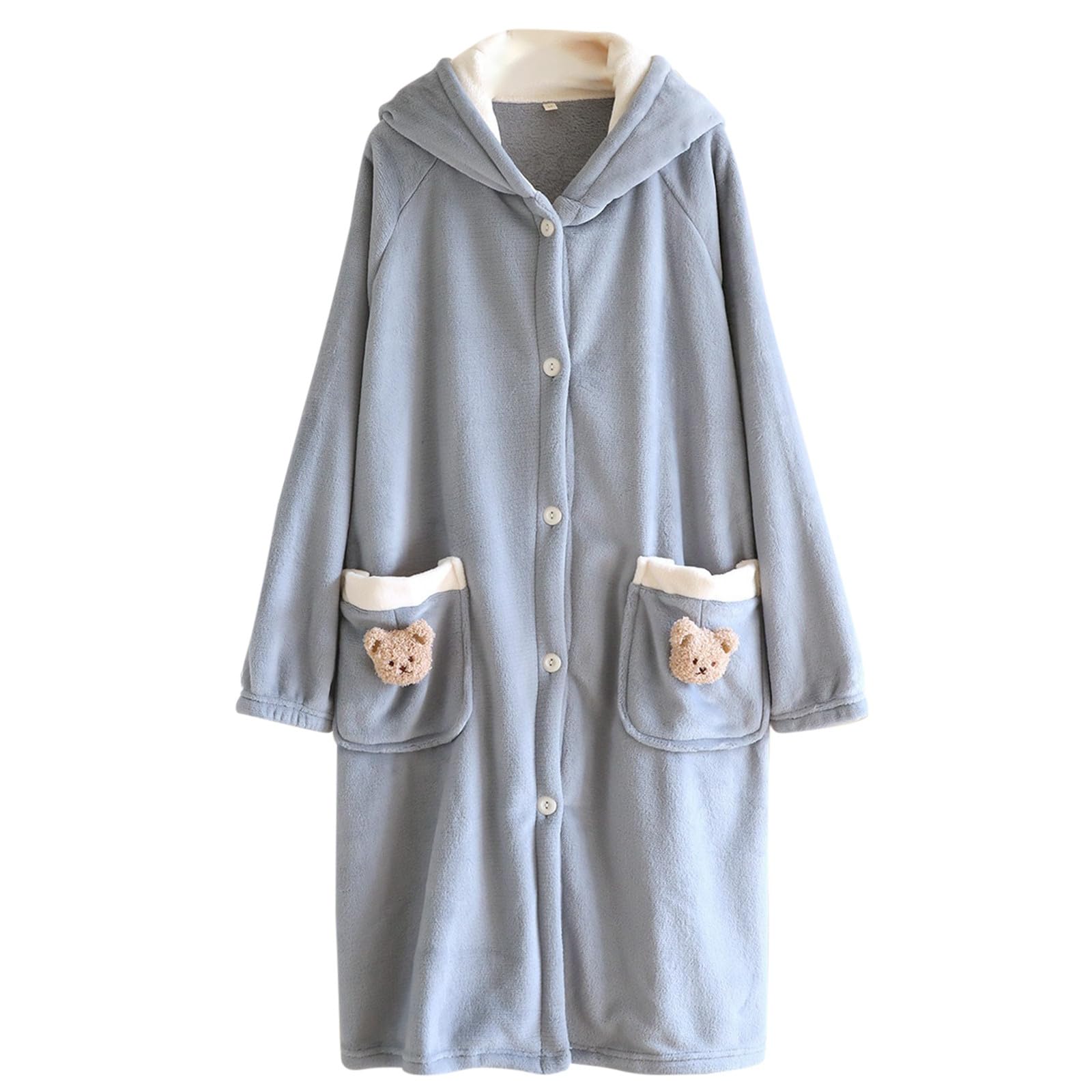 Generisch Camicia da notte da donna, a maniche lunghe, in flanella, soffice, con bottoni, con cappuccio, carino, vestibilità comoda, biancheria da notte media, termica, in morbido pile