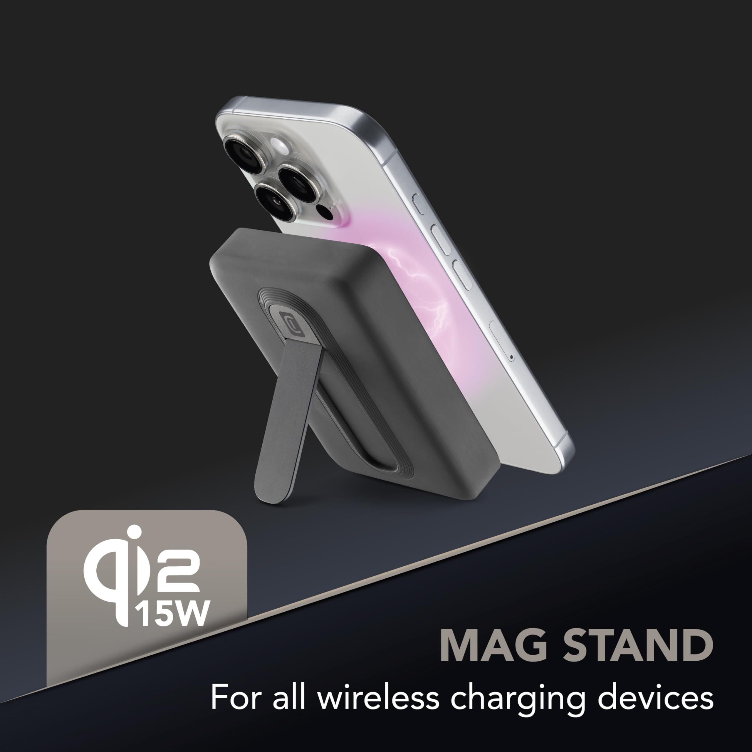 Cellularline Power Bank 10.000 mAh Qi2 15W con Soporte Integrado y USB-C 20W – Soft-Touch, mag Stand, Negro