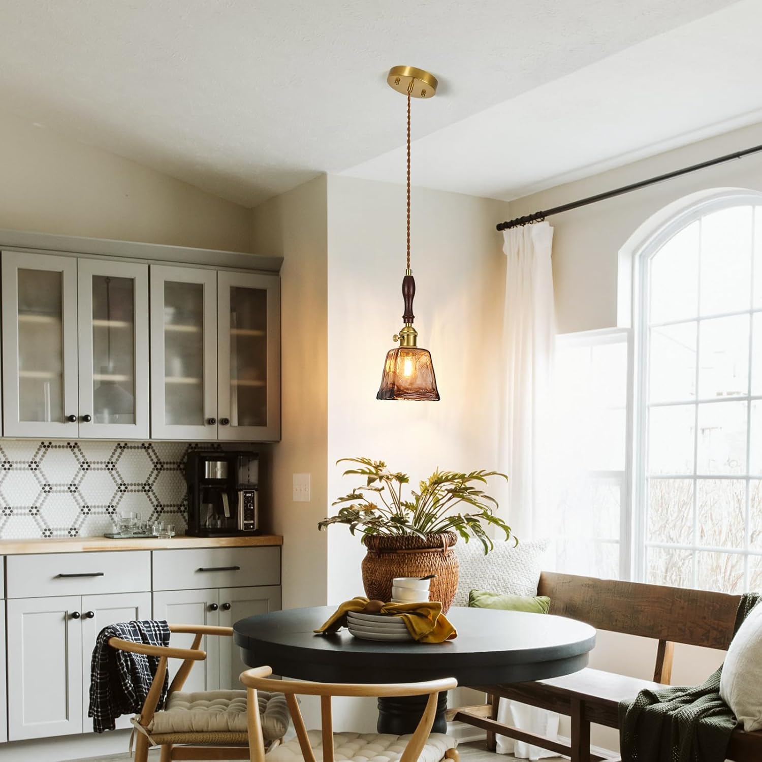 Amber Glass Vintage Pendant Light Height Adjustable Handmade Glass Pendant Lights Kitchen Island Gold Hanging Light Fixture with Wood Handle for Bedroom Dining Room Hotel (3 Pack)