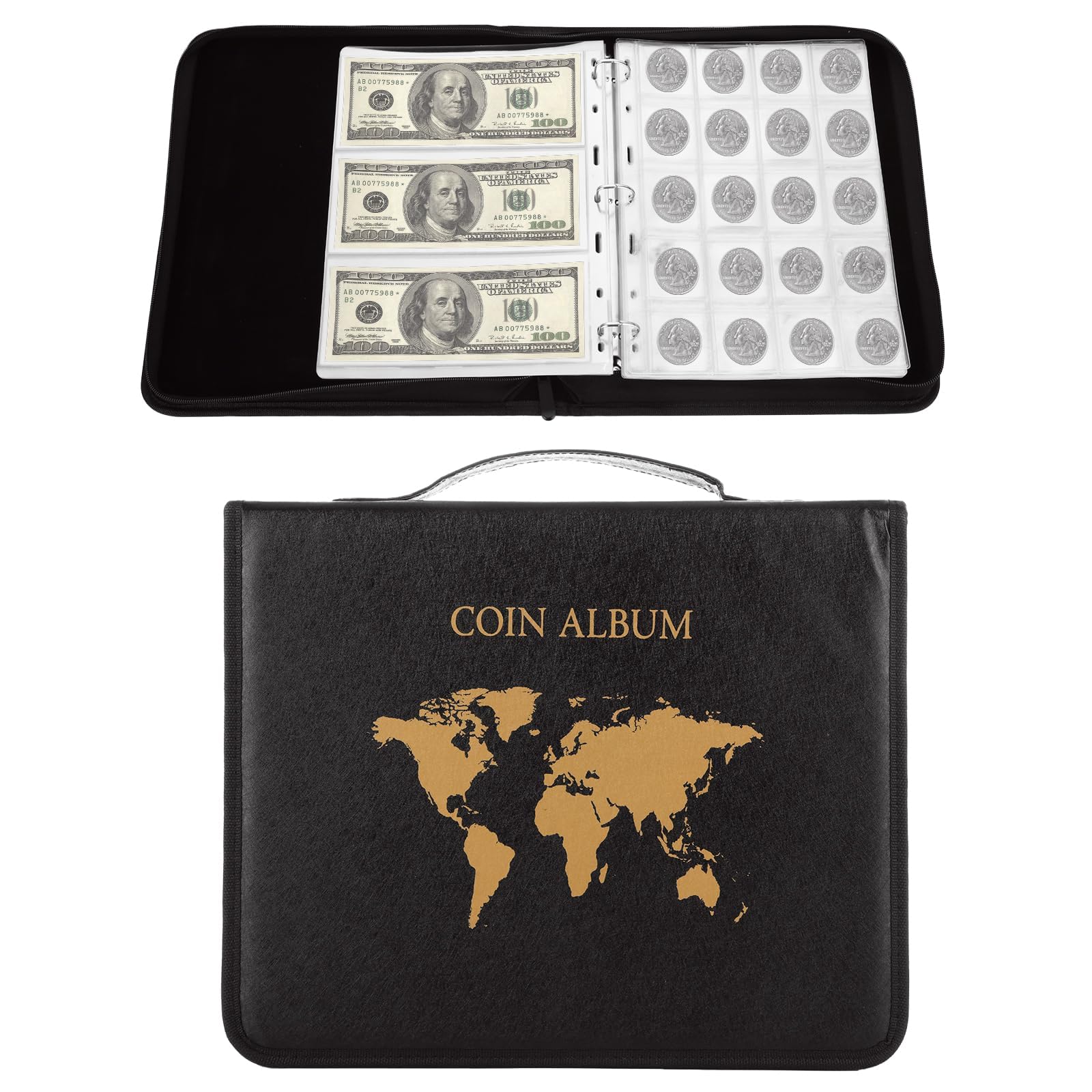 NALACAL Coin Collection Book, Holder for Collectors, 200 Pockets Coins, Collecting Album with Zipper and Handle & 30 Sleeves Paper Money Display Storage, Case for Coin Currency Collection Supplies