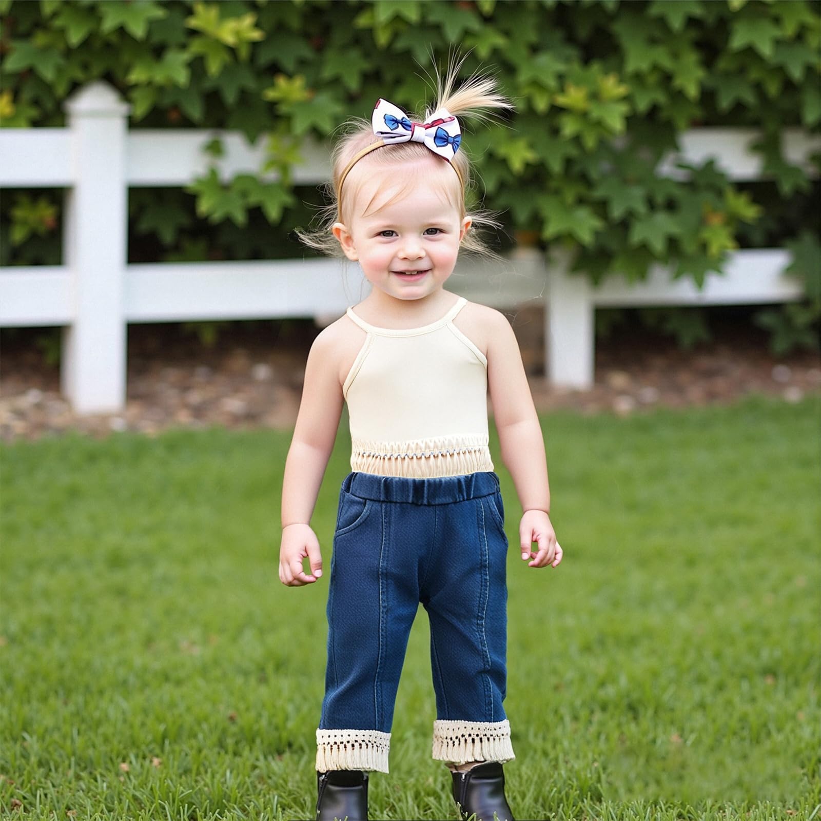 ITFABS 6M-4T Baby Girl Shorts Set Boho Summer Clothes Rainbow T Shirt Tee Tank Tops Denim Shorts Tassel Jeans Outfit (Beige outfit, 12-18 Months)