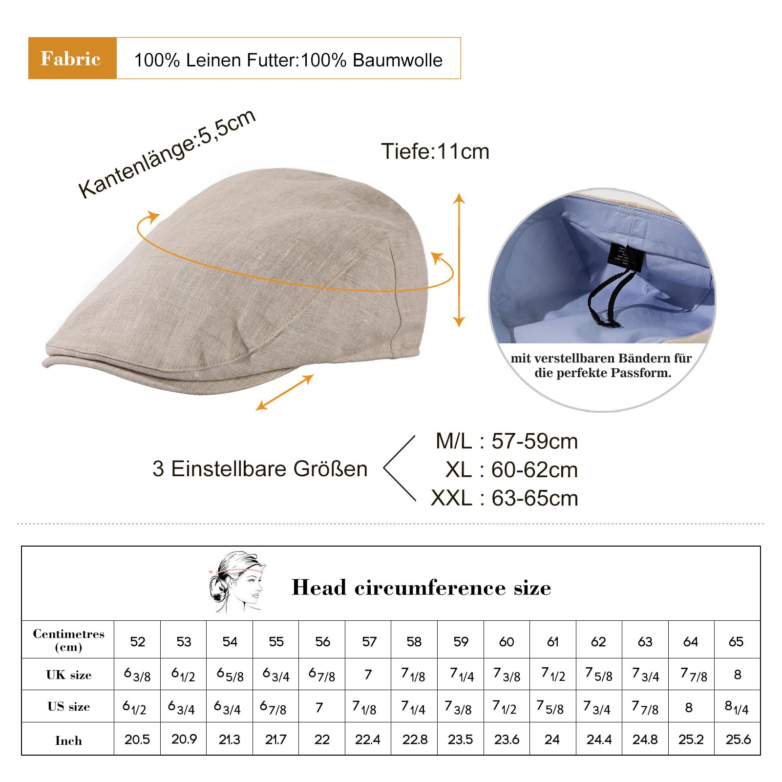 TOP-EX M/L/XL/XXL100% lino gorro de hombre boina de verano gorra de visera Newsboy Cap