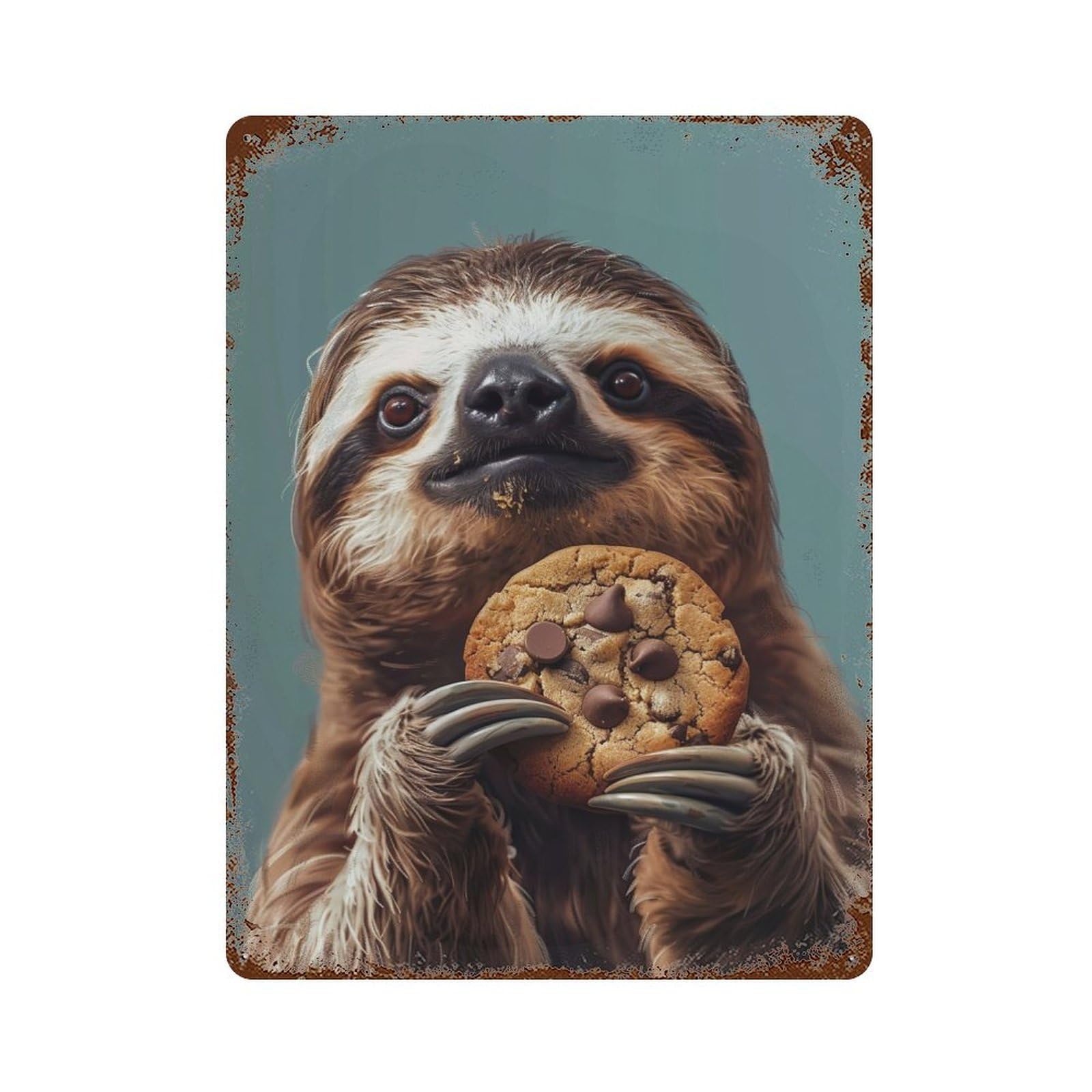 Garage Style Sloth Eating Cookie Rust Effect Tin Sign 15.7"x11.8", Industrial Home Decor for Bar And Workshop