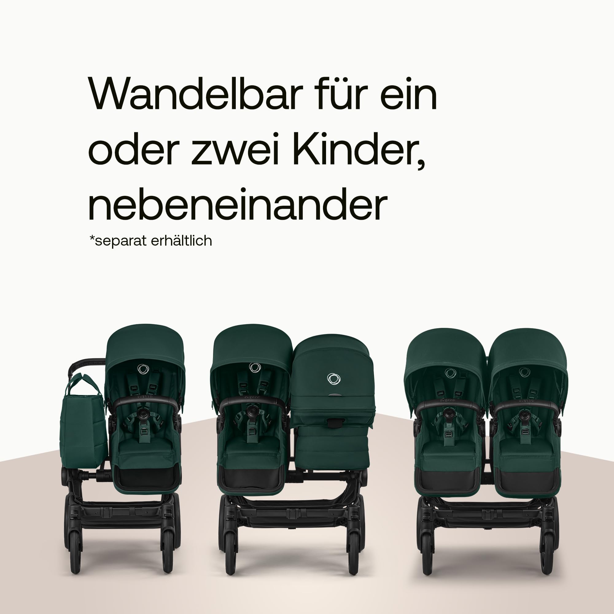 Bugaboo Donkey 6 Double Erweiterungsset, Doppelkinderwagen mit wendbarem Sitz, Fern Green