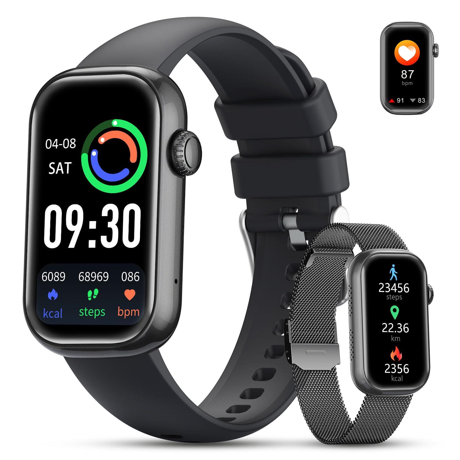 LIGE Smartwatch Uomo Donna(2 cinturini),Contapassi/Cardiofrequenzimetro/Sonno,Contapassi Assistente Vocale, 1.47" Fitness Tracker, IP68 Smart Watch Android iOS,Nero