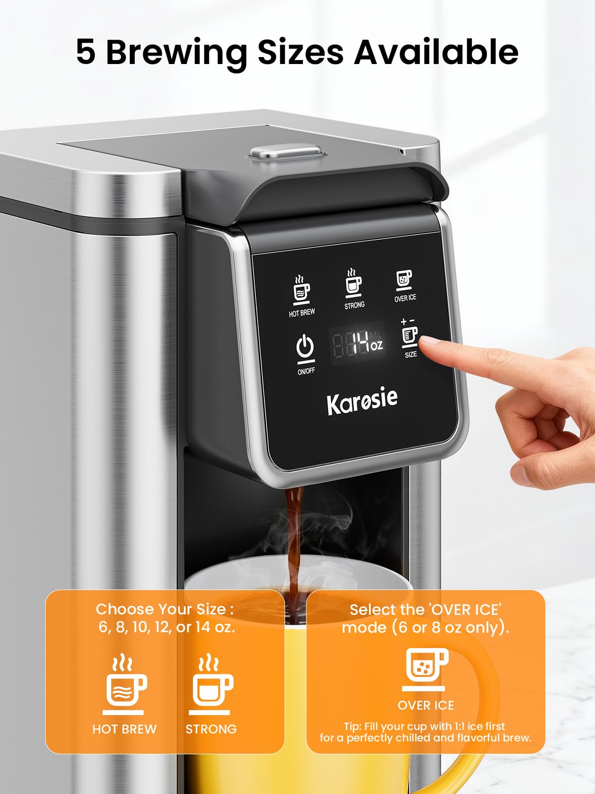 Karosie K Cup Coffee Maker, Hot & Iced Coffee Maker for K Cup and Grounds, 6-14 Oz Brew Sizes, 50oz Removable Tank, Single Cup Coffee Maker with Descaling Reminder, Stainless Steel, Black — view 6