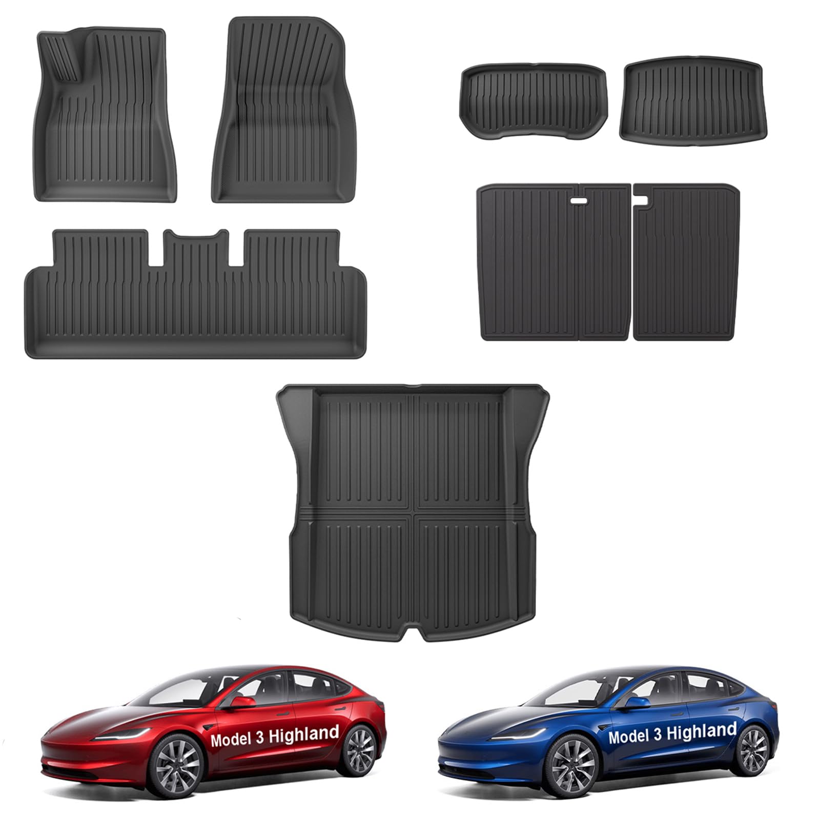 [8 PZS] GAFAT Tesla Model 3 Highland Standard Premium 2026 2025 2024 Alfombrillas Goma + Maletero Juego Completo, TPE Todo Tipo de Climas, Borde Alto Escaneo 3D Original OEM, Protección 360°