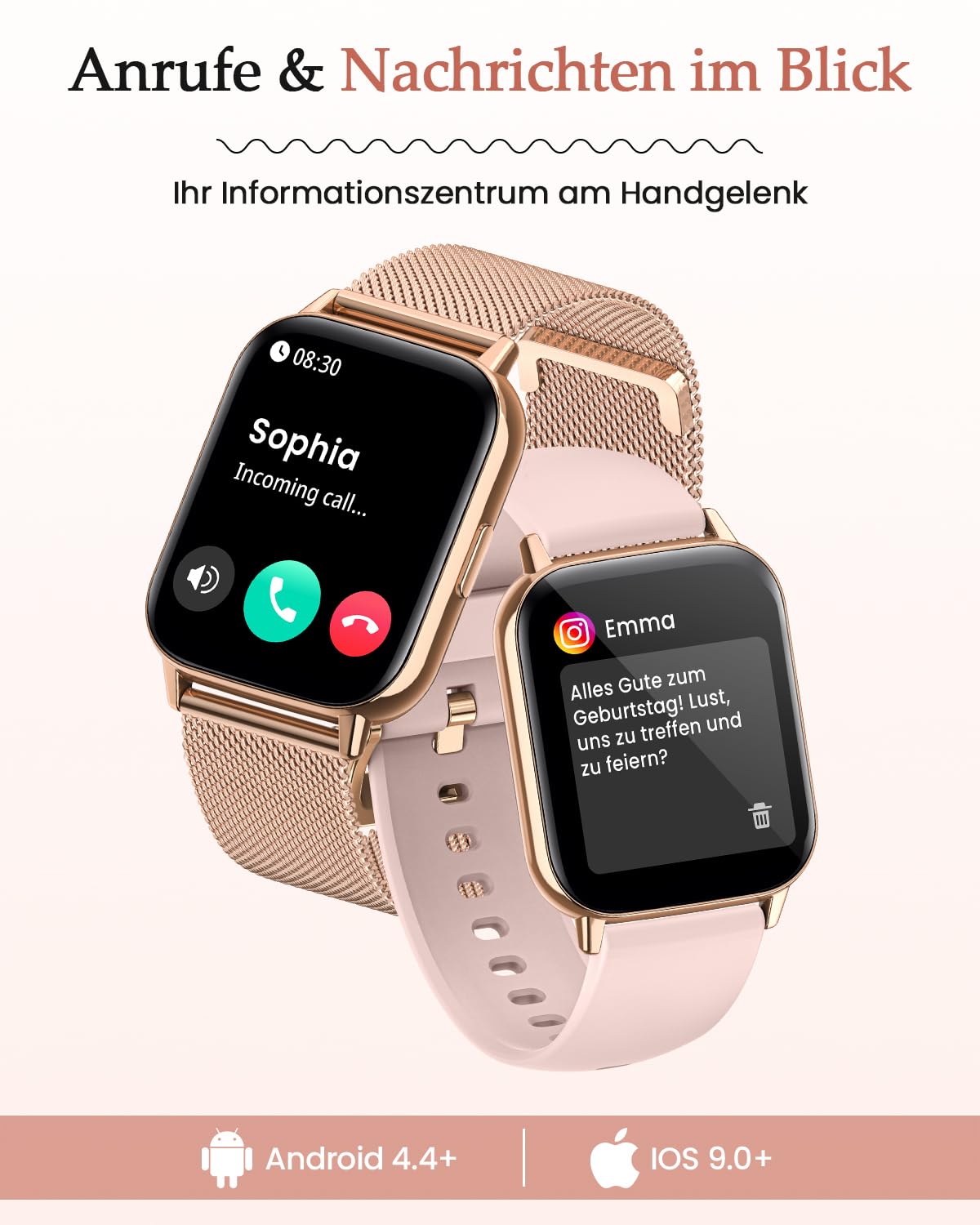 2026 Neues Smartwatch Damen, 1.85"AMOLED Fitness Tracker mit Telefonfunktion Menstruationszyklus Herzfrequenz Schlafmonitor SpO2 113+Sportmodi Sportuhr 5ATM Schrittzähler Kalorien iOS Android Roségold
