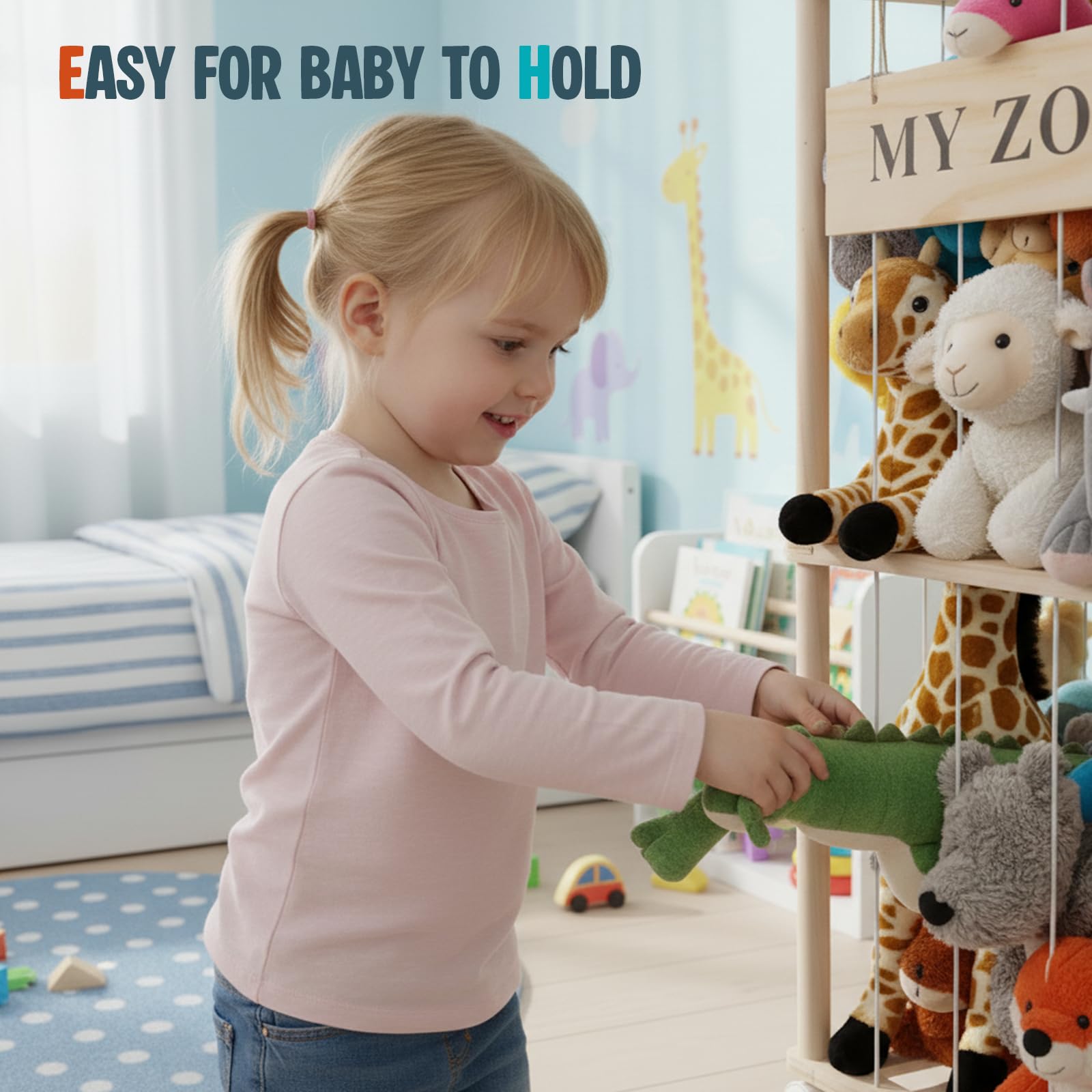 Porta Peluche Verticale a 2 Ripiani, Portapeluche con Ruote Frenate a 360°, Organizer per Animali di Peluche e Giocattoli, per Camera dei Bambini, Sala Giochi, Soggiorno, 95 x 40 x 40 cm