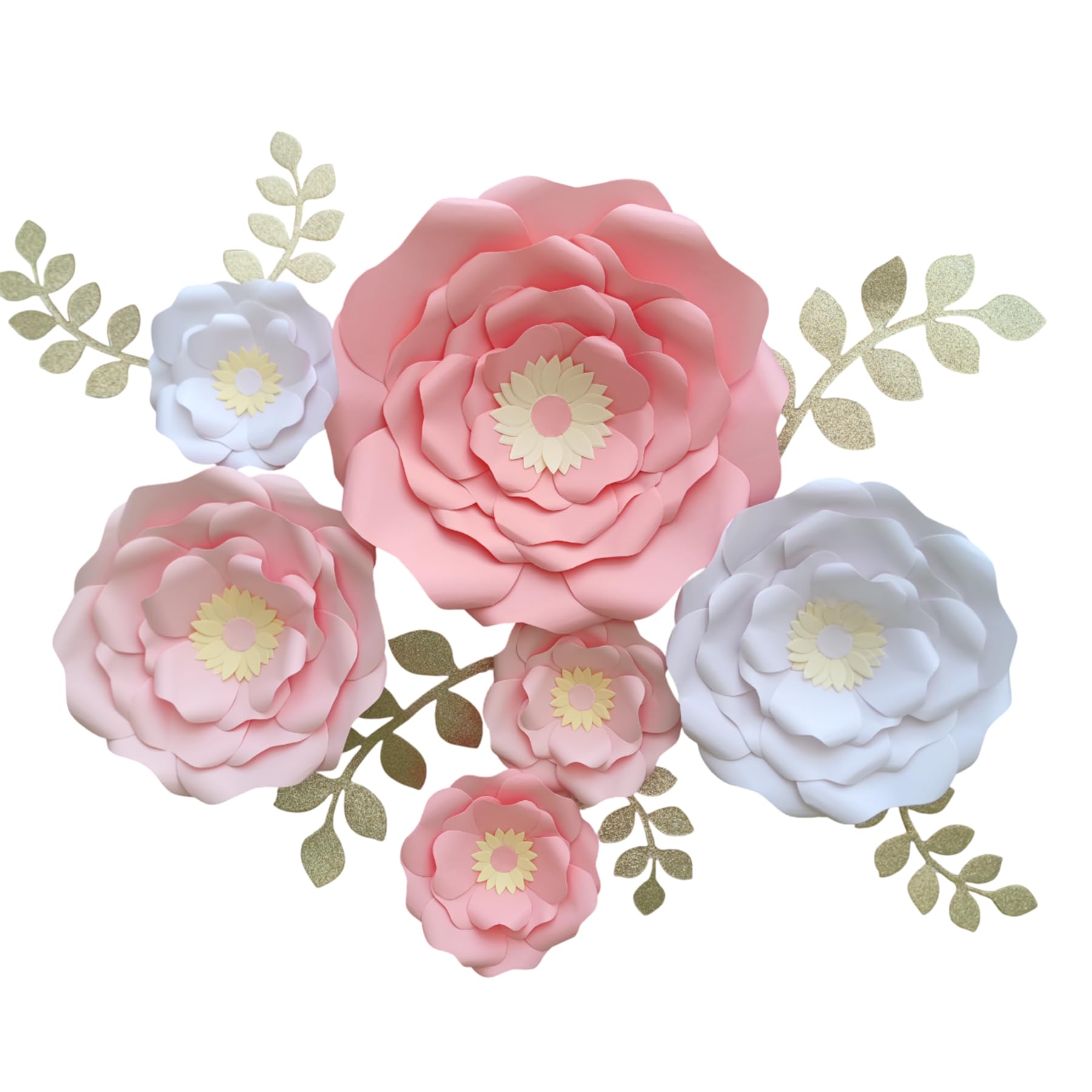 Mybbshower Blush Pink White 3D Paper Flower with Leaf for Nursery Wall Decorations Girl Baby Shower Nursery Decor Birthday Decorations 14 inch-6 inch Pack of 6