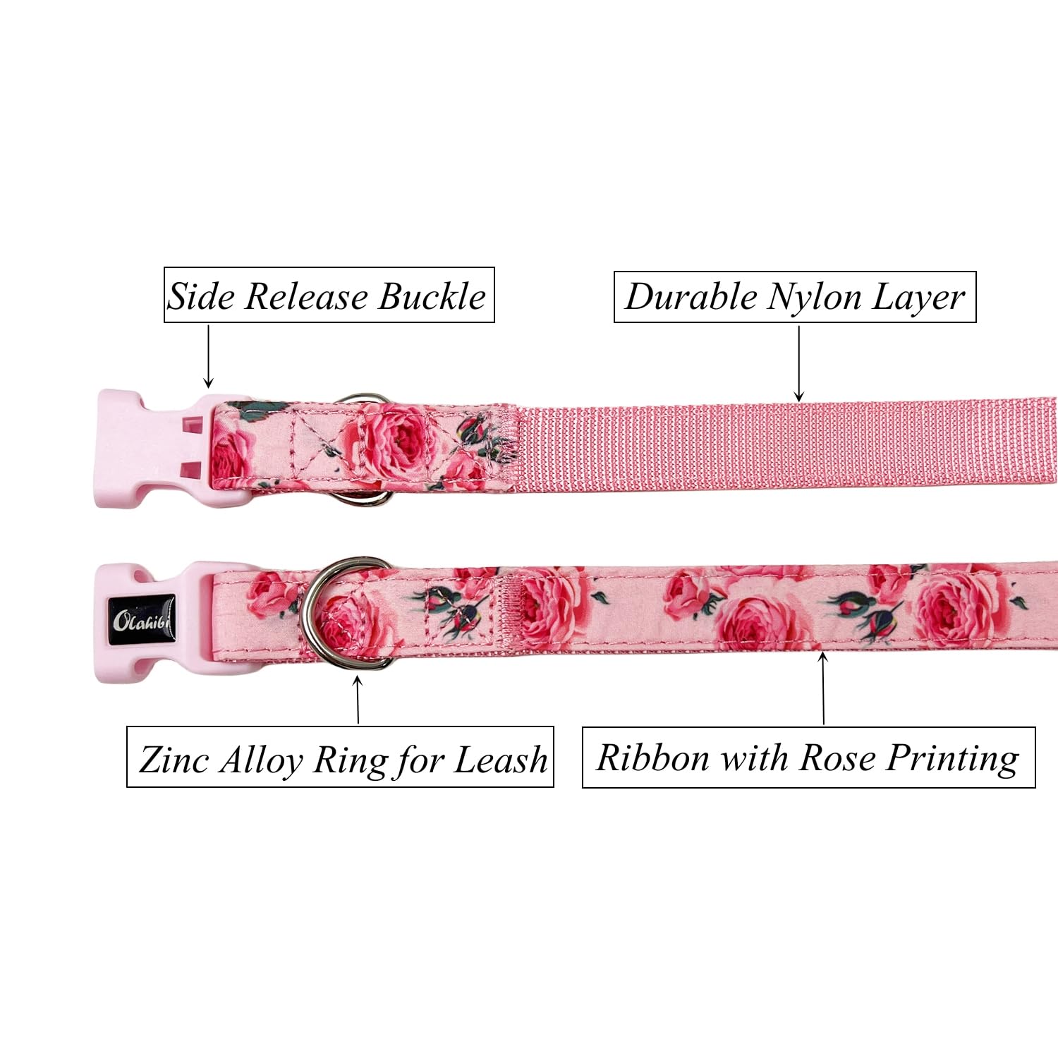 Olahibi Basic Dog Collar, Nylon Webbing Plus Cotton Ribbon, Rose Pattern, for Medium Dogs.(M, Pink Rose), Ribbon Rose Pink - Image 3