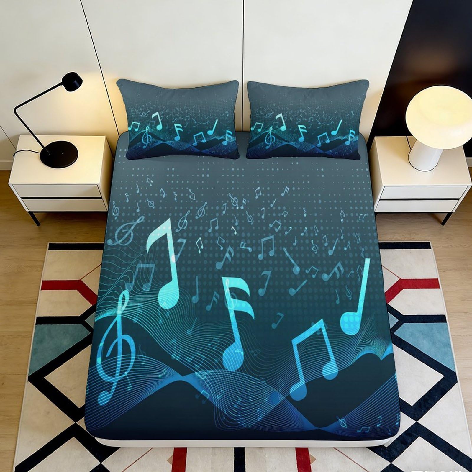 3D Printed Music Notes Fitted Sheet Microfiber Soft Breathable Blue Melody Bed Cover for Bedroom Guest Room Decor 90x200x25cm