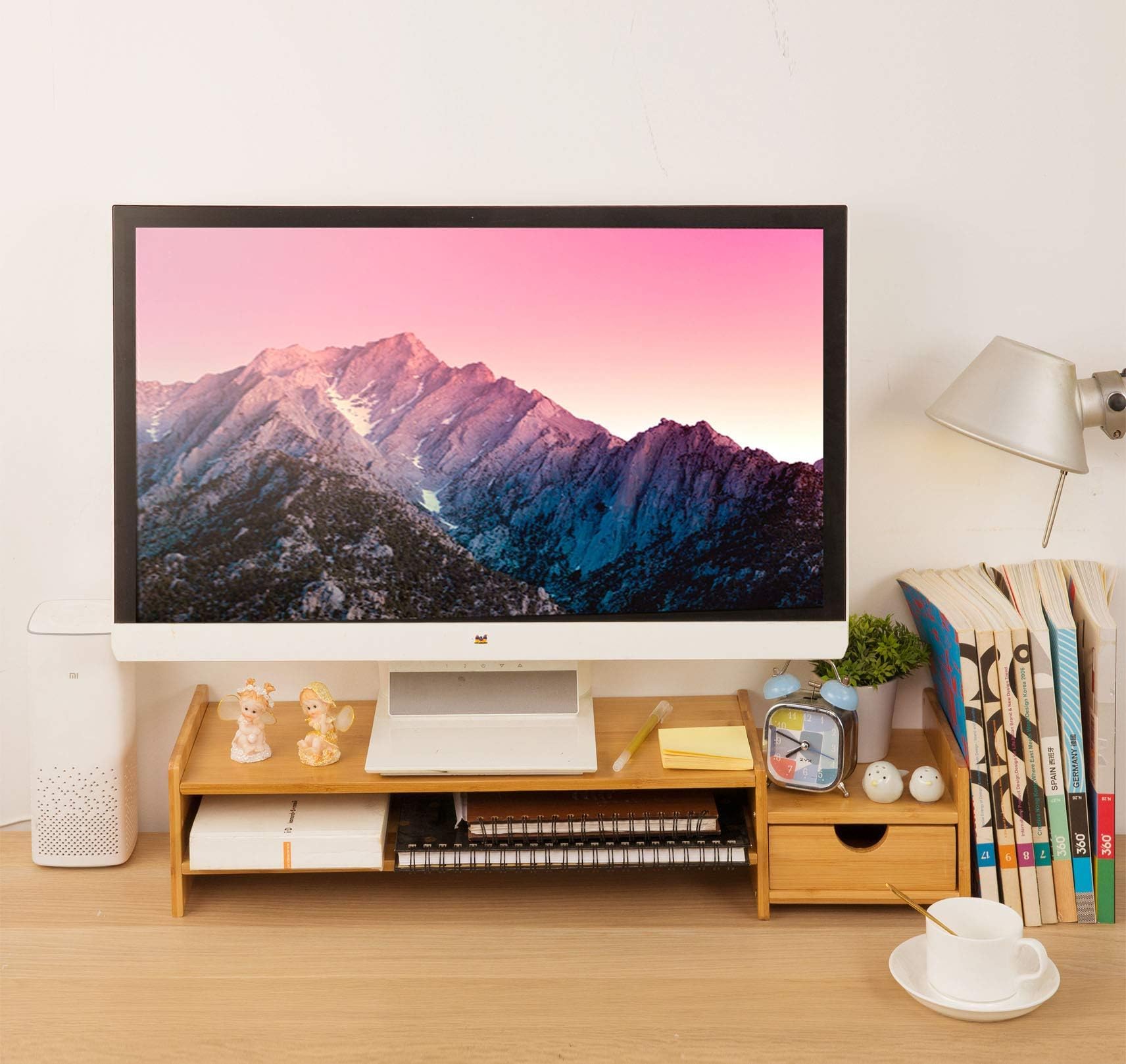 Supporto per monitor da scrivania in bambù con 2 ripiani e cassetti, organizer regolabile per computer, stampante, cellulare in ufficio, casa, riduce la tensione del collo e degli occhi (base)