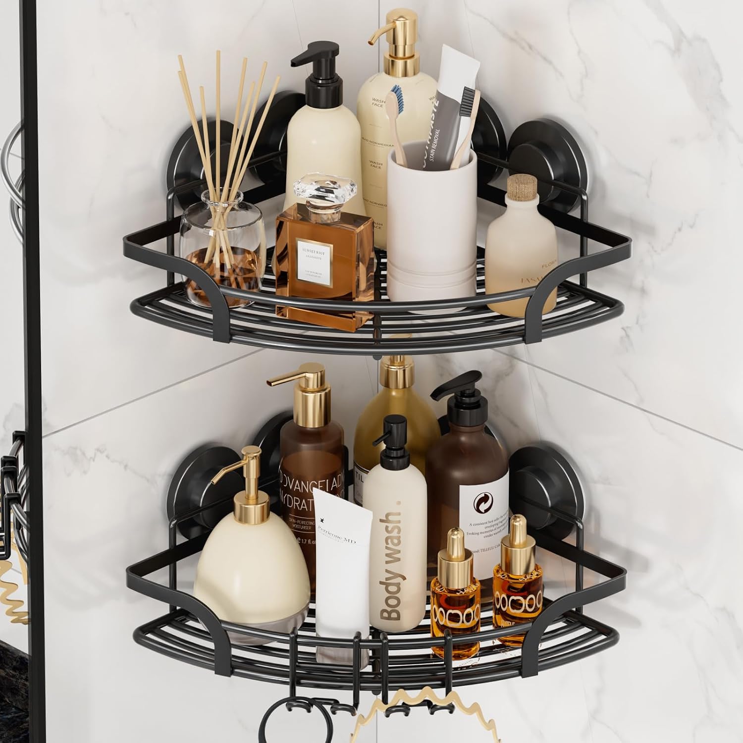 LEVERLOC 2 Pack Strong Suction Cup Corner Shower Caddy, Large Capacity Removable Bathroom Organizer, Stainless Steel Rustproof Shower Shelves with Hook, Drill-Free Wall Mounted Suction Basket, Black Corner 90°, Black