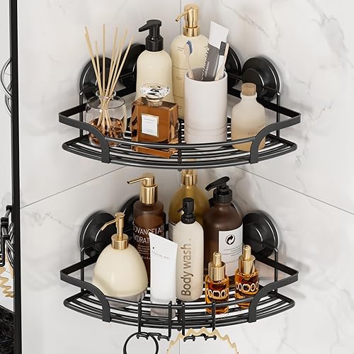 Miniatura 12 de LEVERLOC Paquete de 2 organizadores de ducha con ventosa adaptables a las esquinas, cesta montada en la pared sin taladros, estante de ducha