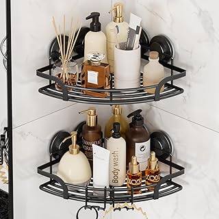 LEVERLOC 2 Pack Strong Suction Cup Corner Shower Caddy, Large Capacity Removable Bathroom Organizer, Stainless Steel Rustproof Shower Shelves with Hook, Drill-Free Wall Mounted Suction Basket, Black