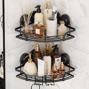LEVERLOC 2 Pack Strong Suction Cup Corner Shower Caddy Large Capacity Removable Bathroom Organizer Stainless Steel Rustproof Shower