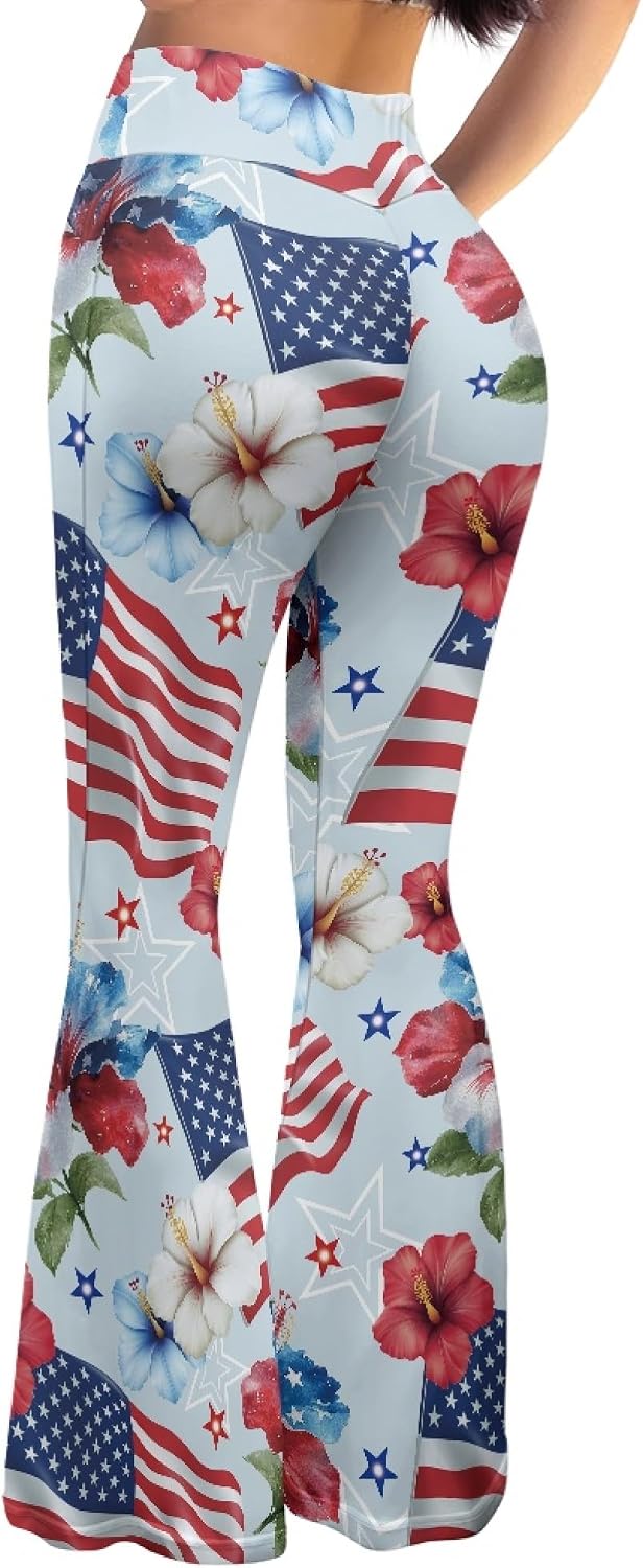 Amzbeauty Floral Print Wide Leg Yoga Pants for Women Stretch Tummy Control High Waist Bell Bottoms