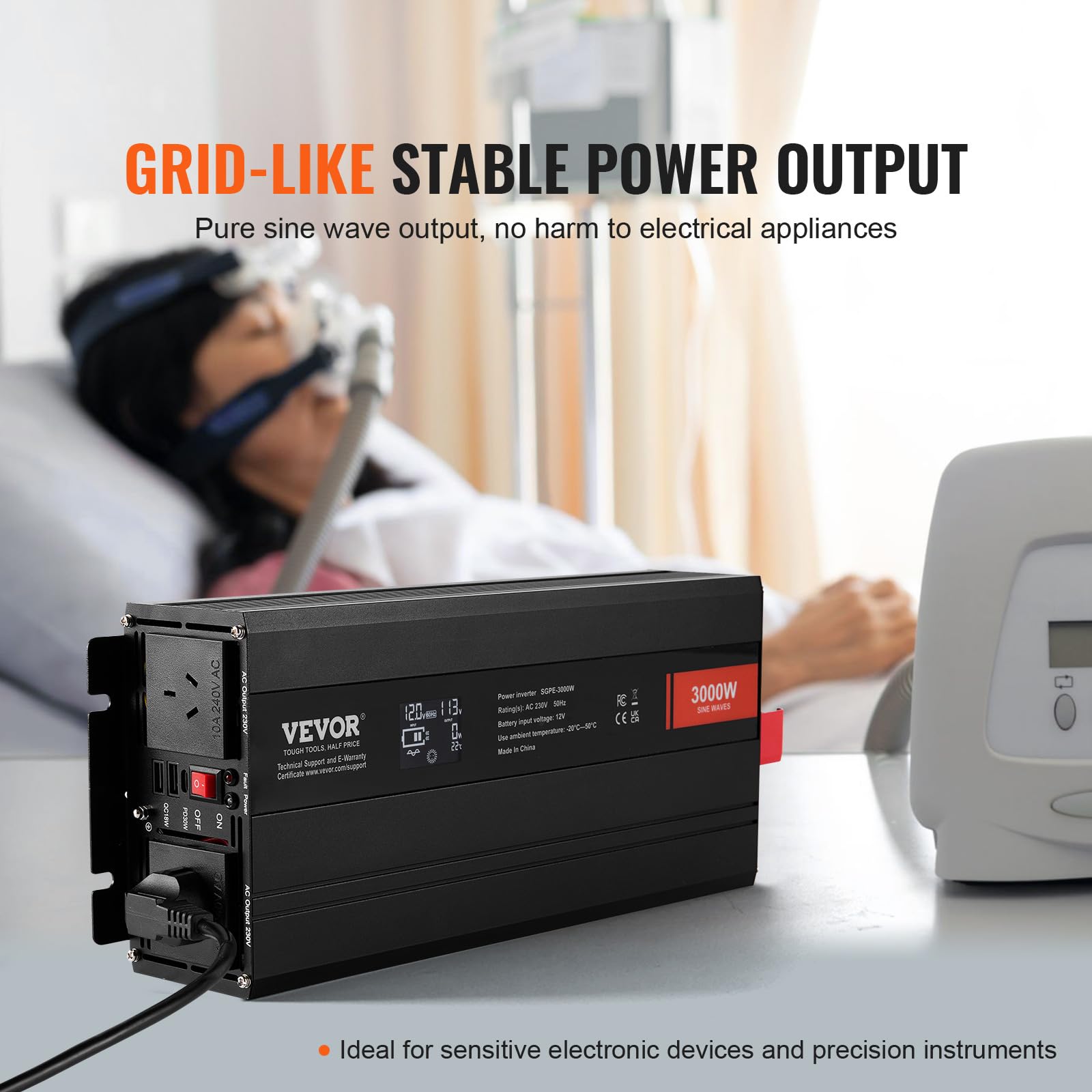 VEVOR Convertitore di Potenza a Onda Sinusoidale, Convertitore Potenza 3000W CC da 12V a CA 230V Display LCD e Telecomando per Grandi Elettrodomestici, FCC