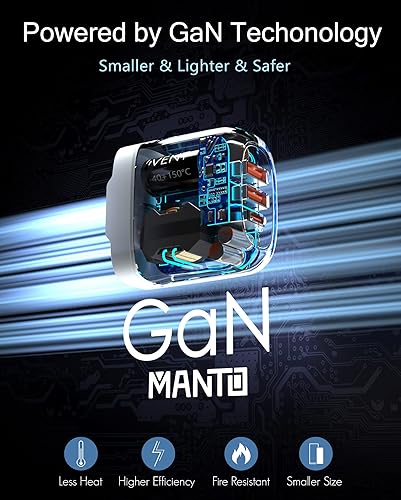 Miniatura 3 de MANTO Cargador rápido GaN de 65 W USB C con enchufes intercambiables de EE. UU./Reino Unido/UE, adaptador de viaje USB-C PD y QC 3.0 de 3 puertos