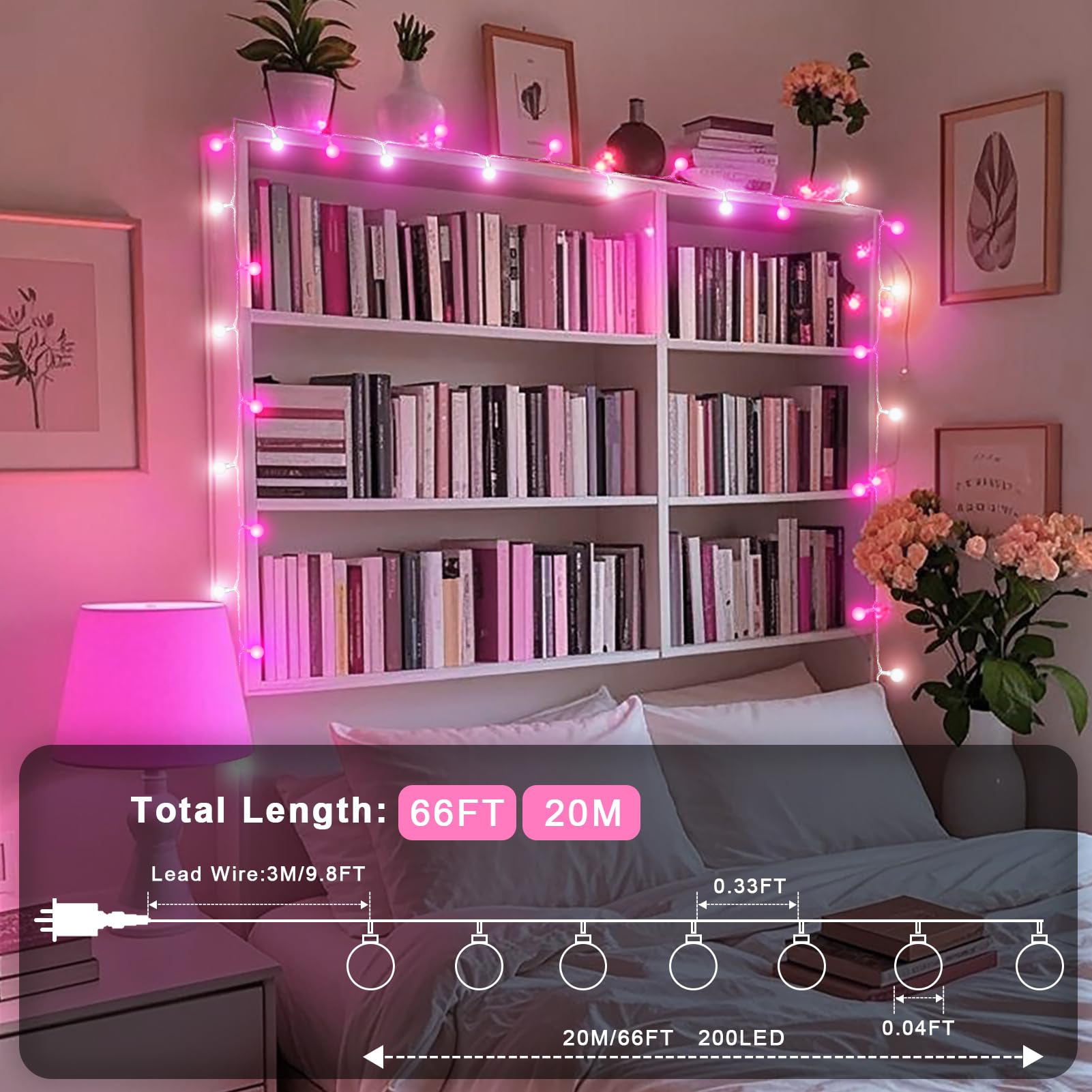 20M 200 LED Fairy Lights Outdoor Globe String Lights Plug in Christmas Lights Waterproof with Remote Timer Memory 8 Modes for Indoor Bedroom Garden Patio Mother's Day Party Decorations Cool Pink - Image 3