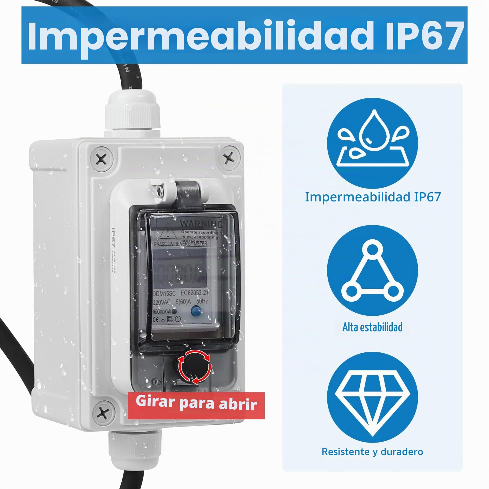 SWAWIS Medidor Digital Portátil de Electricidad 230V IP67 con enchufe CEE Contador de Consumo Eléctrico Portátil para Exteriores KWH Enchufe para Autocaravanas, Vehículos Eléctricos y Hogares