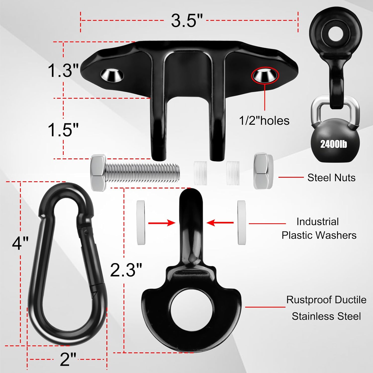 2400 lb Capacity Heavy Duty Swing Hangers Screws Bolts for Wooden Sets Playground Porch Patio Yoga Seat Trapeze Indoor Outdoor & Hanging Snap Hooks Black of 2