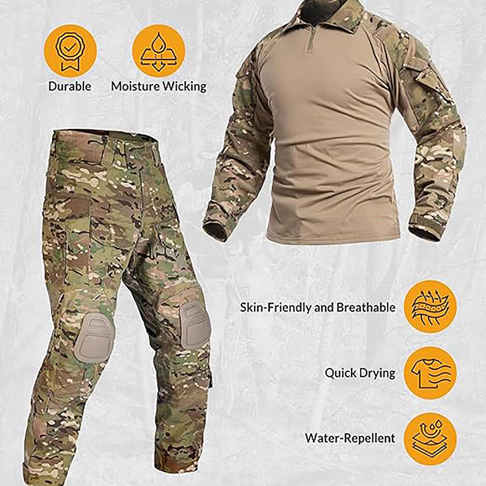 HAZARA Airsoft Ropa Uniformes De Manga Larga Rip-Stop Airsoft Ropa con Coderas,Rodilleras Y Guantes De Combate Ideal para Paintball,Lucha,Caza,Camo-L