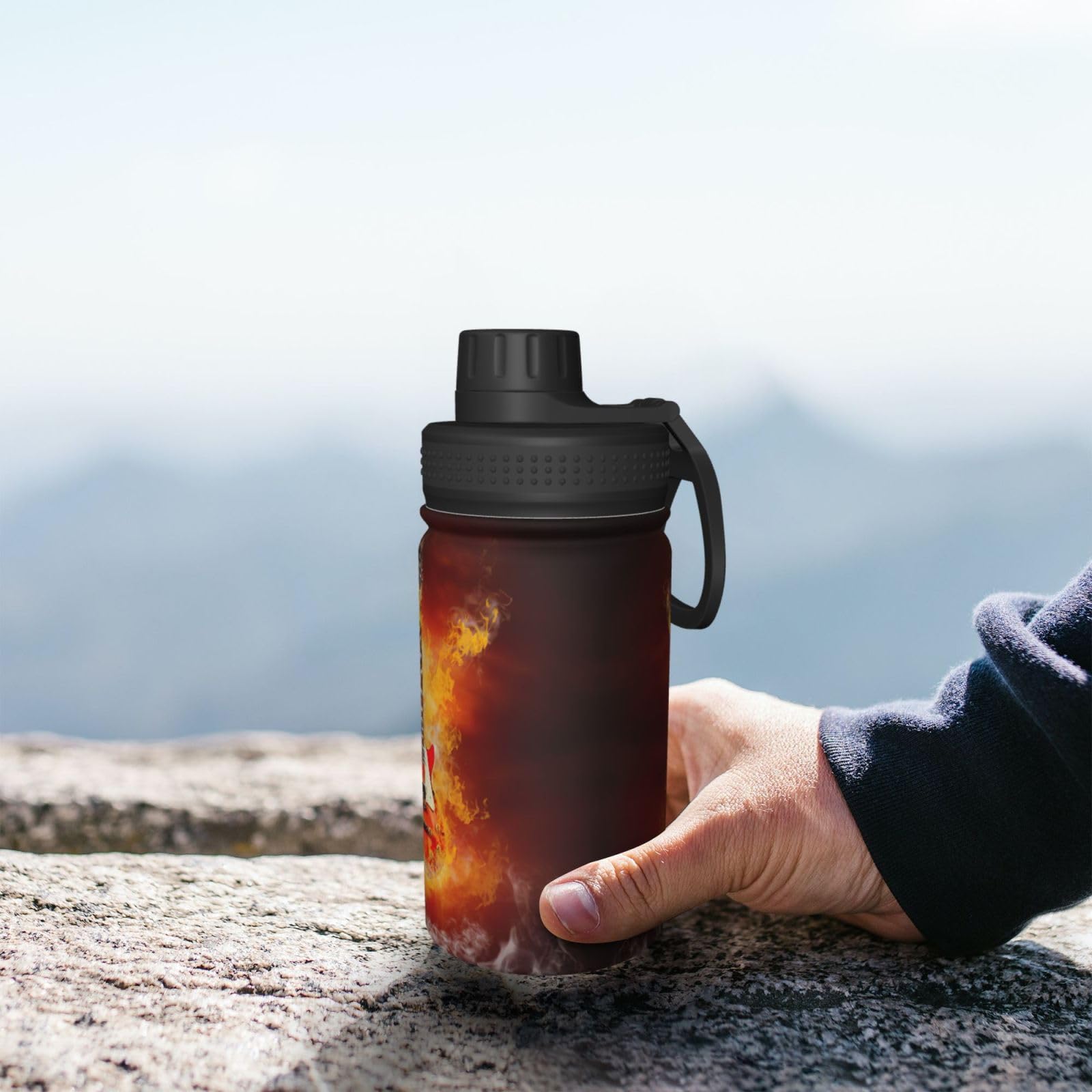 Isolierte Metall-Wasserflasche, Motiv: Rock-Gitarre im brennenden Druck, 340 ml, Edelstahl, hält kalt und heiß