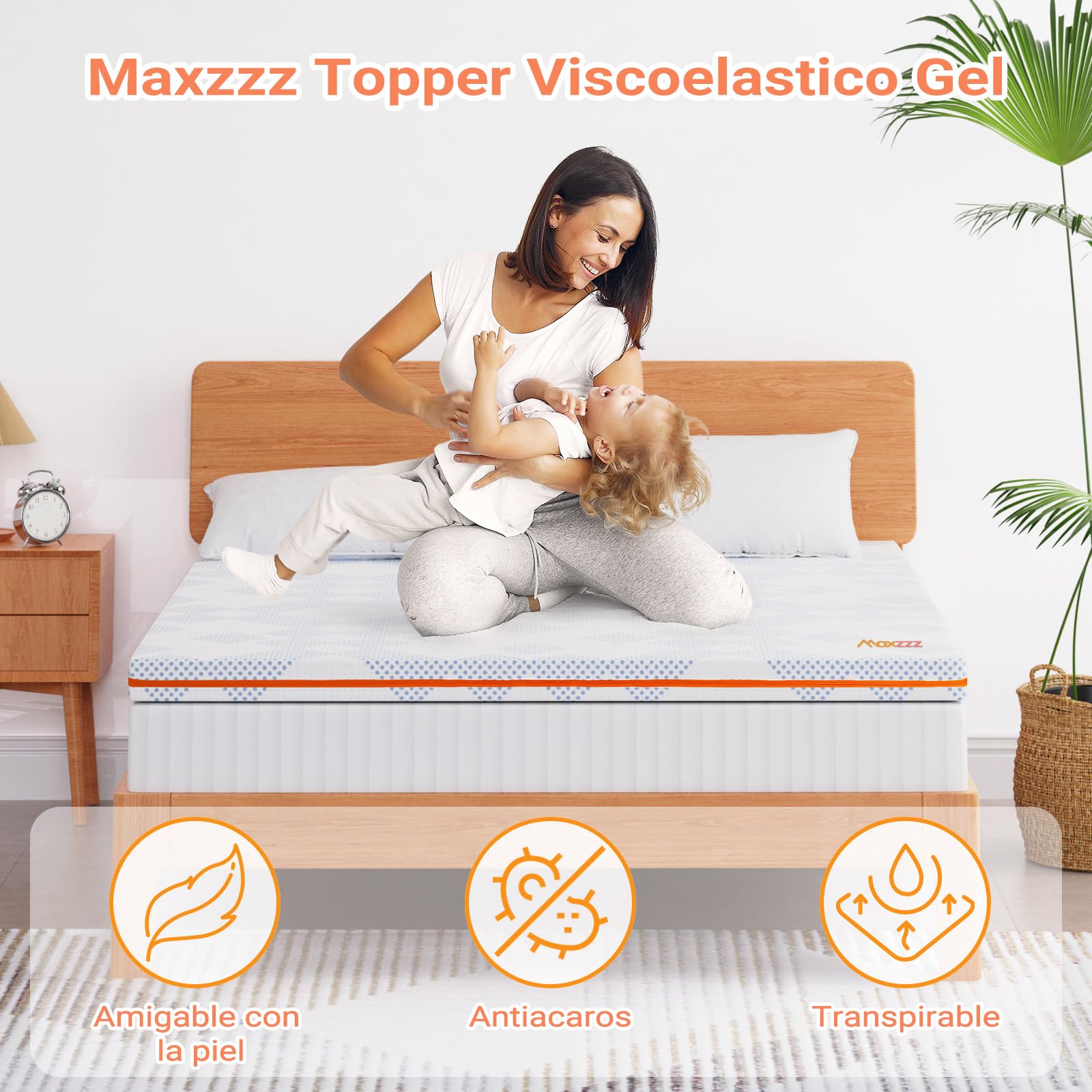 Maxzzz Topper Viscoelastico 135x190x7.5cm Alivia Tensiones Musculares con partícula de Gel, Topper Sobrecolchon Lavable, Topper para Colchón Transpirable,Transpirable y Soporte y Firmeza Media