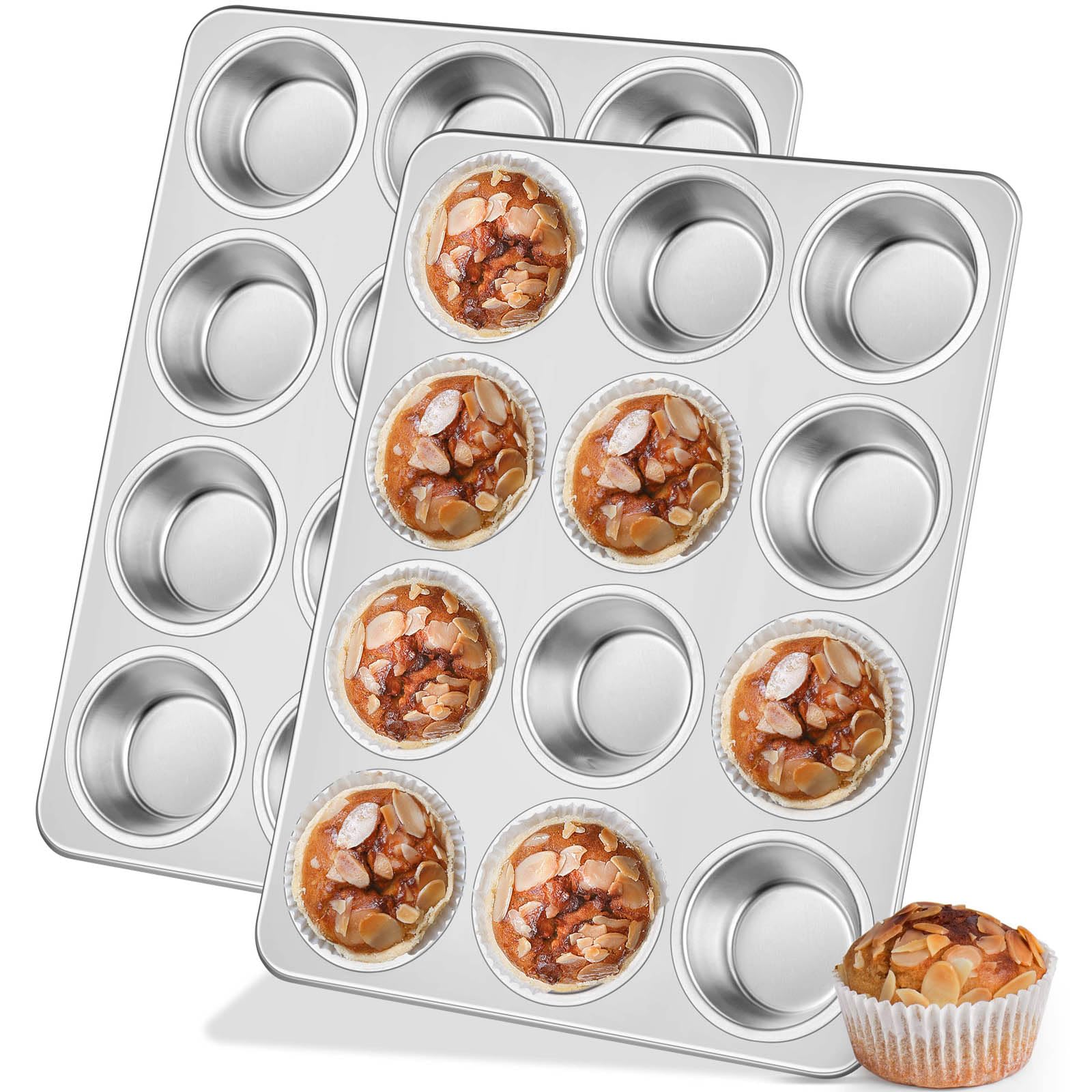 Leonyo Molde para magdalenas de acero inoxidable no tóxico, 12 tazas, 2 unidades | Bandeja de metal para magdalenas de tamaño estándar para hornear quiches, apta para lavavajillas y horno