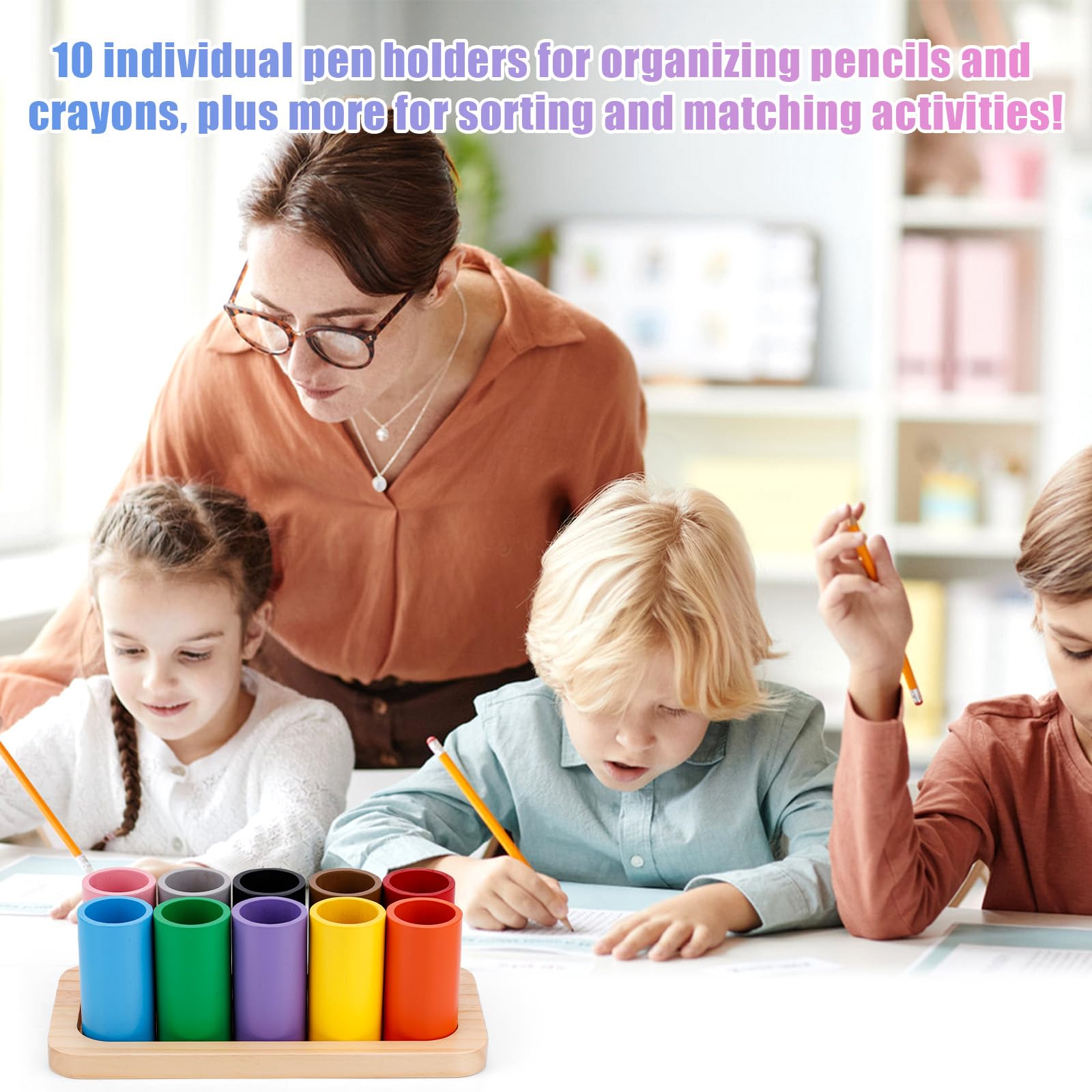 Bois Porte Crayons de Couleur, Crayon Rangement Organisateur avec 10 Amovible Compartiments Tasse Stylo Support pour Enfants Bureau Maison École Fourniture