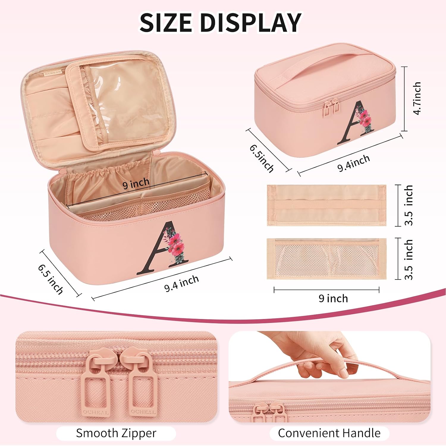 OCHEAL Initial Makeup Bag,Monogram Make up Bag Pink Travel Makeup Organizer Case Beauty Toiletry Cosmetic Bag with Brush Holder, Trendy Stuff Personalized Gifts for Women and Girls-A