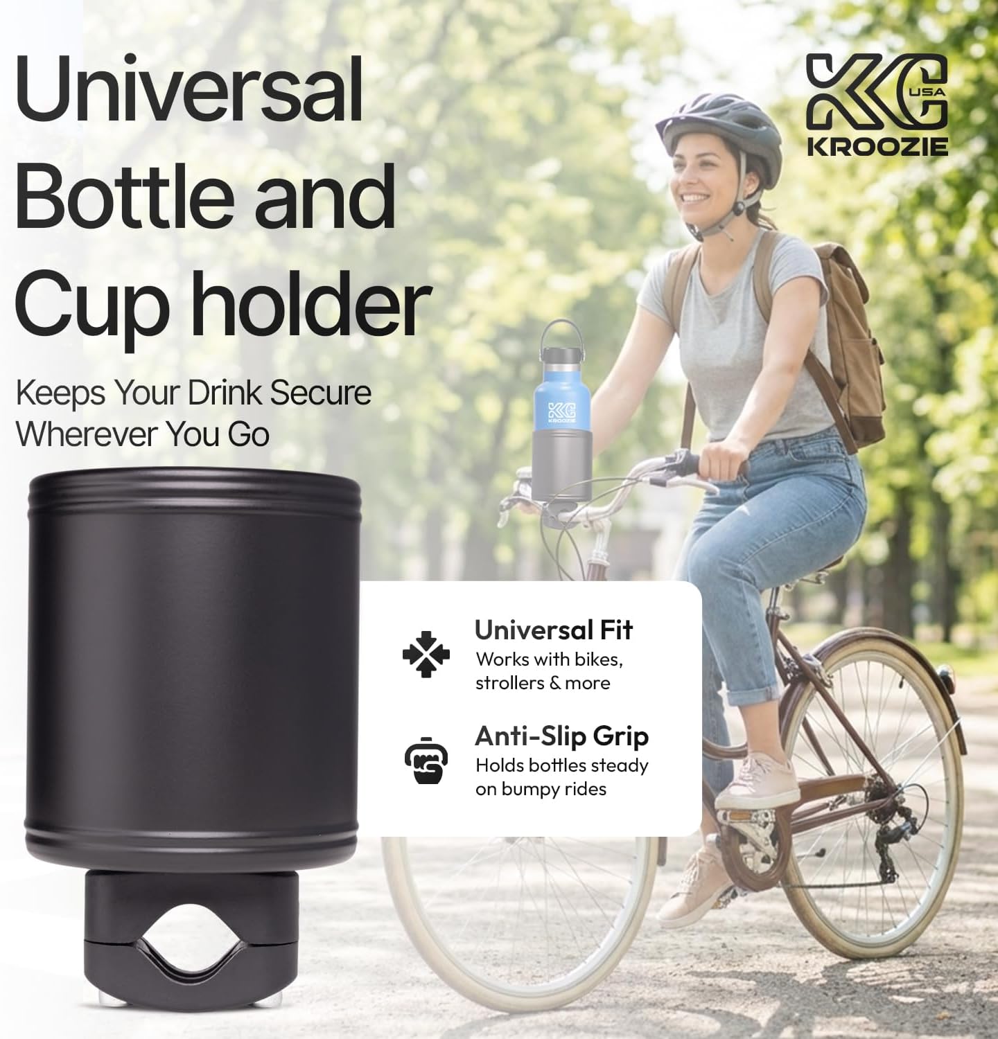 Kroozie 2.0 Bicycle Cup Holder - The Ultimate Bike Cup Holder for Beach Cruisers, E-Bikes, Scooters, Strollers – A premium stainless steel handlebar drink holder that lasts