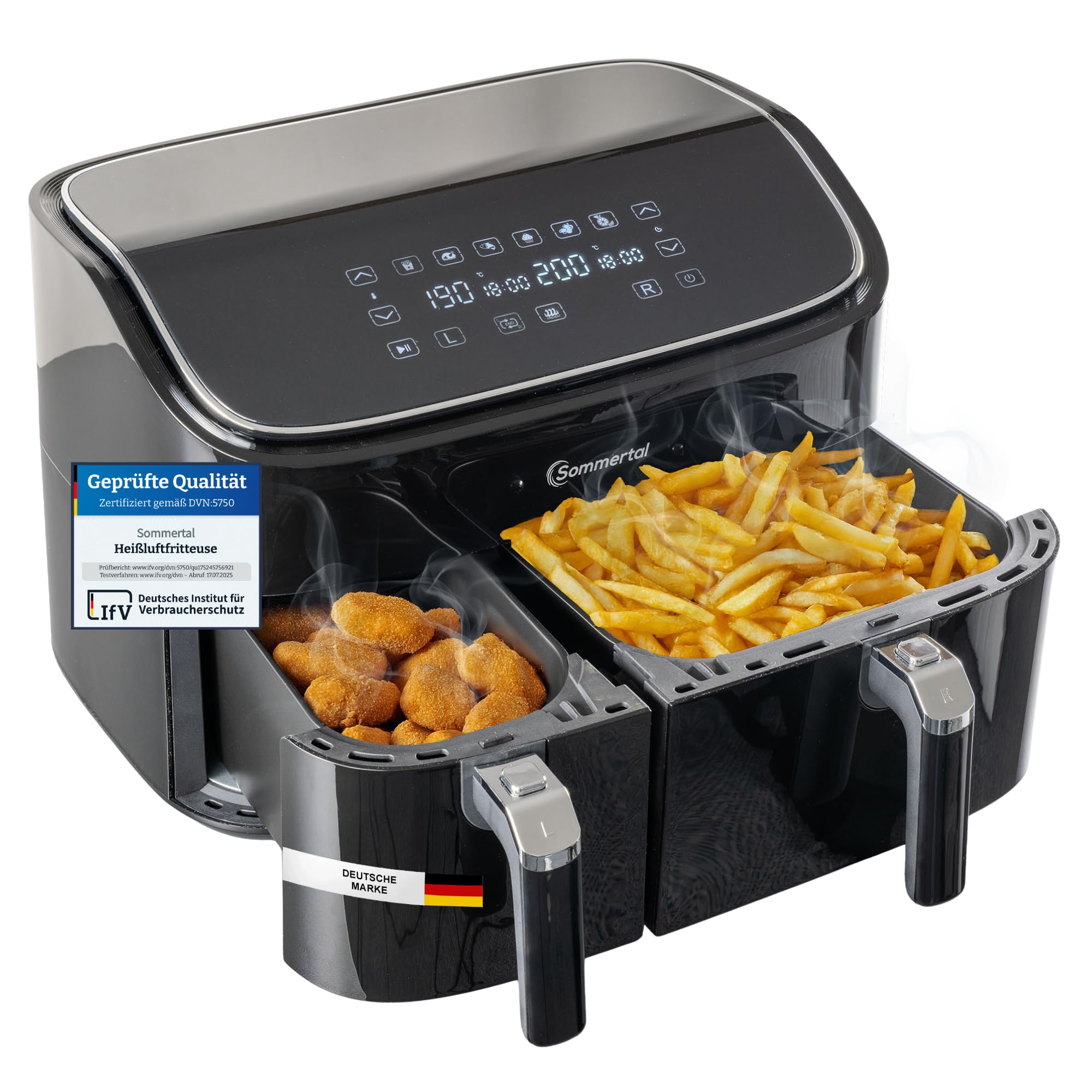 Sommertal HF DUAL 900 Freidora de Aire Doble de 9 litros, freidora de aire con 2 cestas, 2850 W, con función de puerta, sincronización, pantalla táctil, 6 programas, apta para lavavajillas, sin BPA