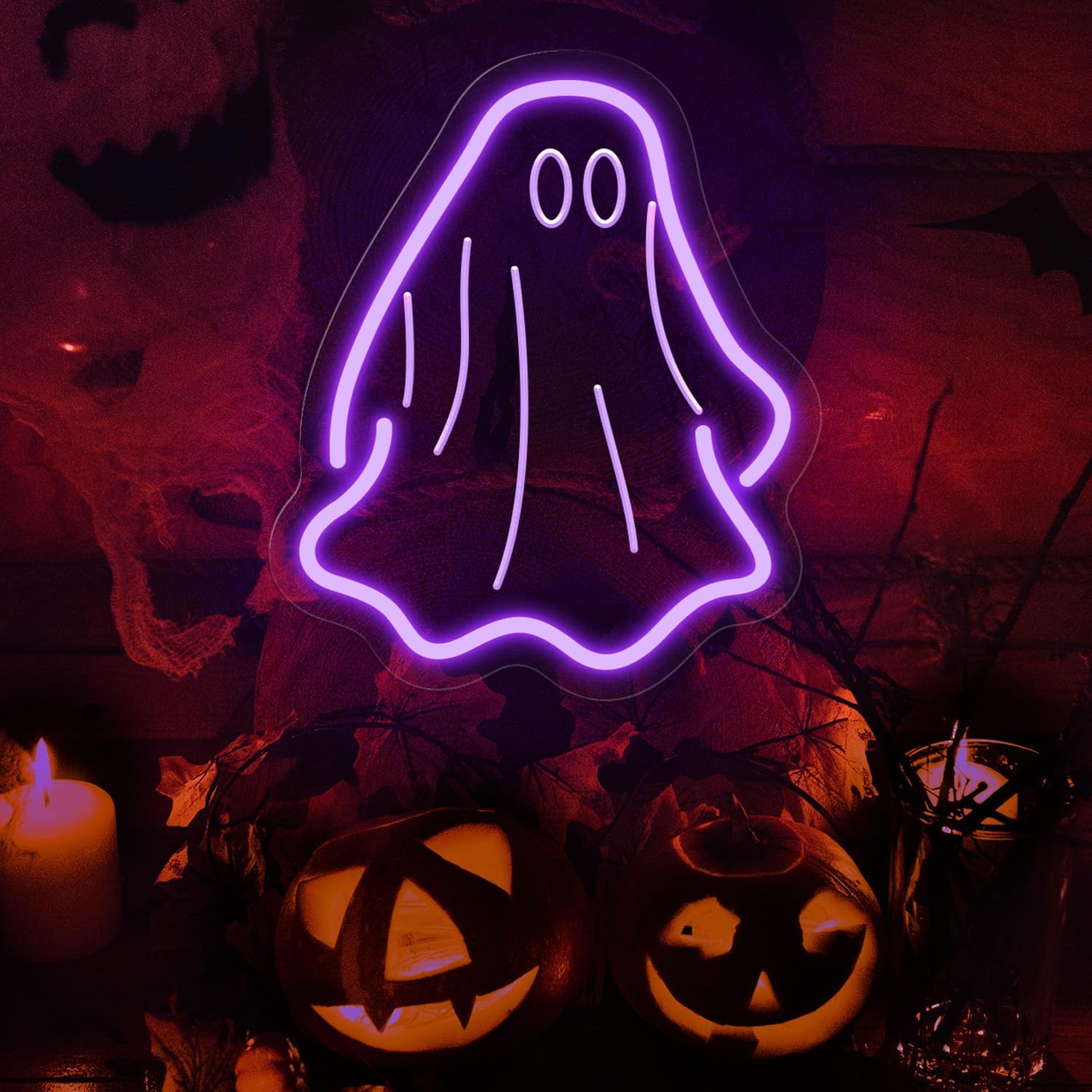 Ghost Neon Signs for Halloween Decorations, 8.3 * 9.8 Inches Led Lights Sign for Outdoor, Dimmable Switch House Decor for Indoor, Halloween Party, Home, Room, INSNEnN