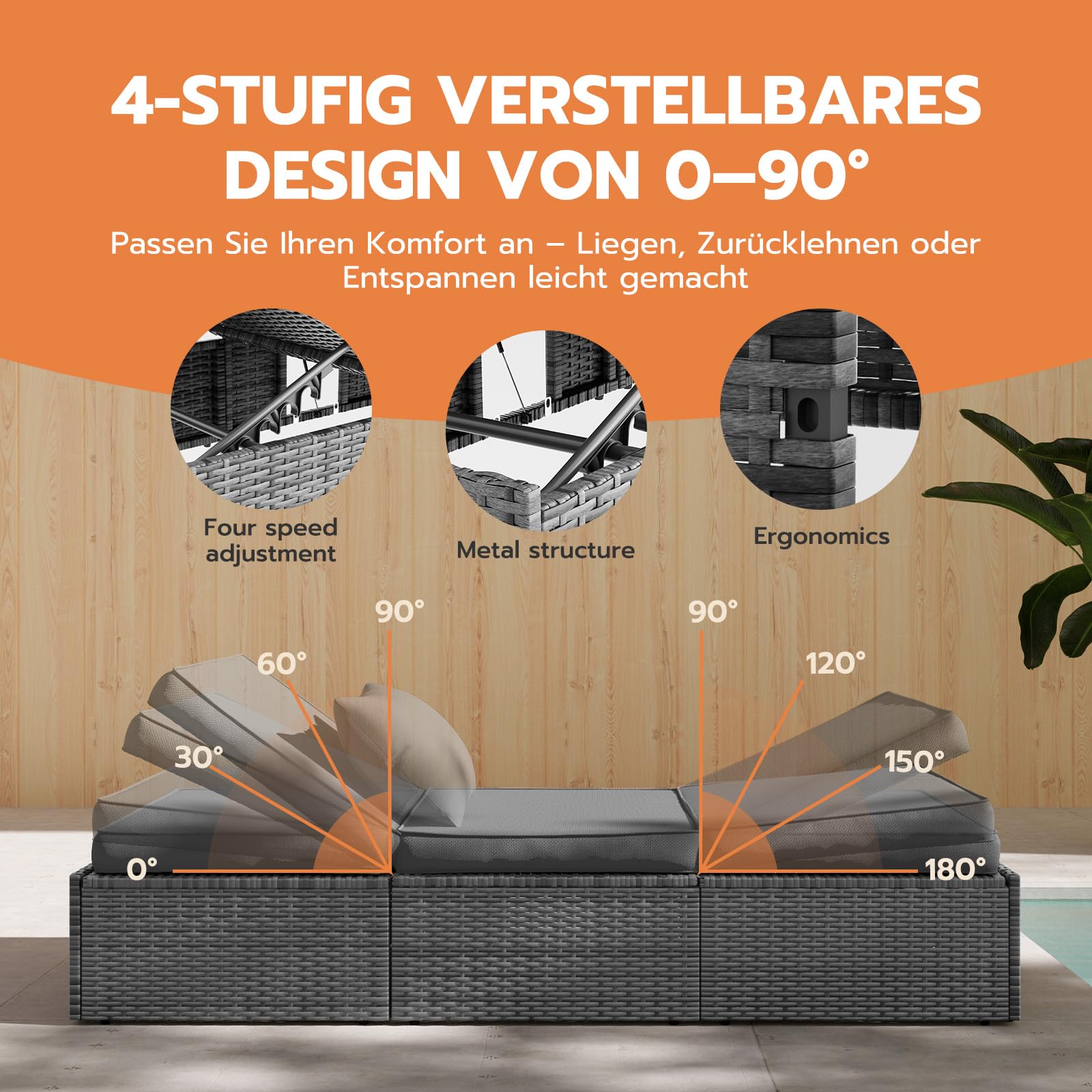 Amopatio Sonnenliege 2 Personen mit Klapptisch, XXL Wetterfest Gartenliege 200kg Belastbar, 200x160x30cm Rattan Doppelliege Gartenlounge Liegestuhl Verstellbar für Garten, Balkon & Terrasse, Grey