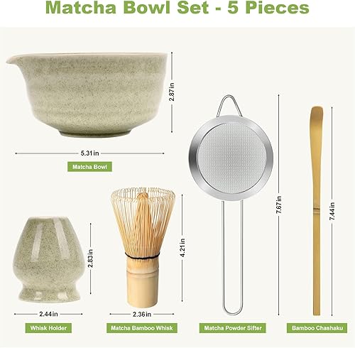 Miniatura 6 de Juego de batidor de matcha verde, kit de té japonés con batidor y cuchara de bambú, Chawan de cerámica con boquilla para ceremonia de té