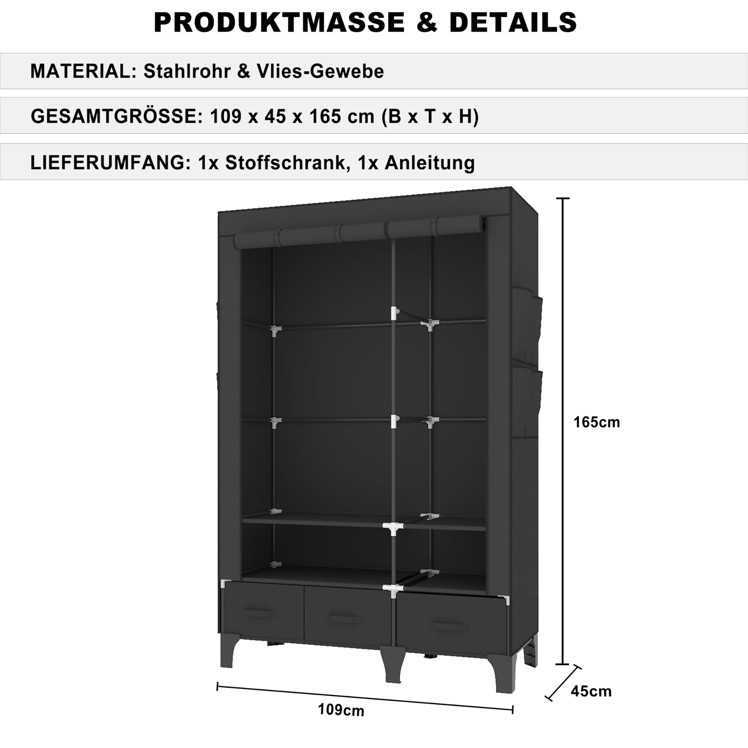 OPPAIYA Armoire en tissu stable - 109 cm de large - Armoire pliante avec 2 tringles et tiroirs - Grande armoire textile pour chambre à coucher - Penderie - Noir - 109 x 45 x 165 cm