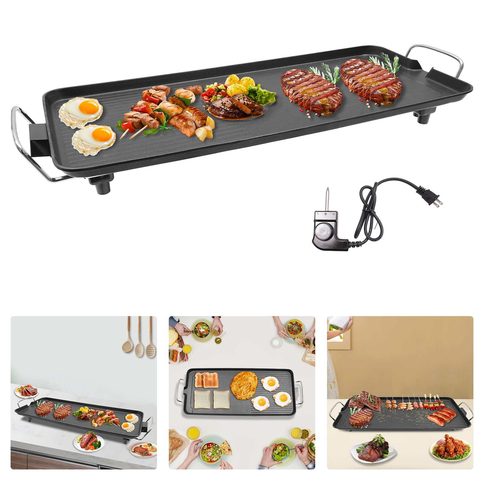 Electric Griddle, 5 Temperature Adjustments, Baking Tray can be Tilted 15°, 32-482? Adjustable, 2 Handles, 1-6 People, Suitable for Outdoor, Travel, Picnic, Camping, Party