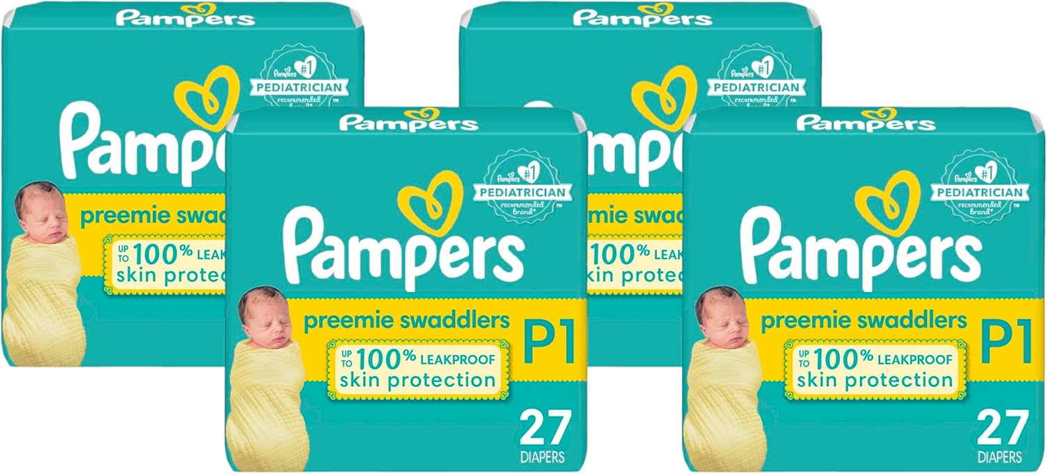 Pampers Swaddlers Diapers Preemie – Size P1, 27 Count, Ultra Soft Disposable Baby Diapers (Pack of 4)