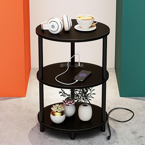 Miniatura 16 de Mesa auxiliar redonda pequeña, mesa decorativa ovalada de 3 niveles para espacios pequeños, mesa auxiliar de sofá de madera rústica y metal, mesita