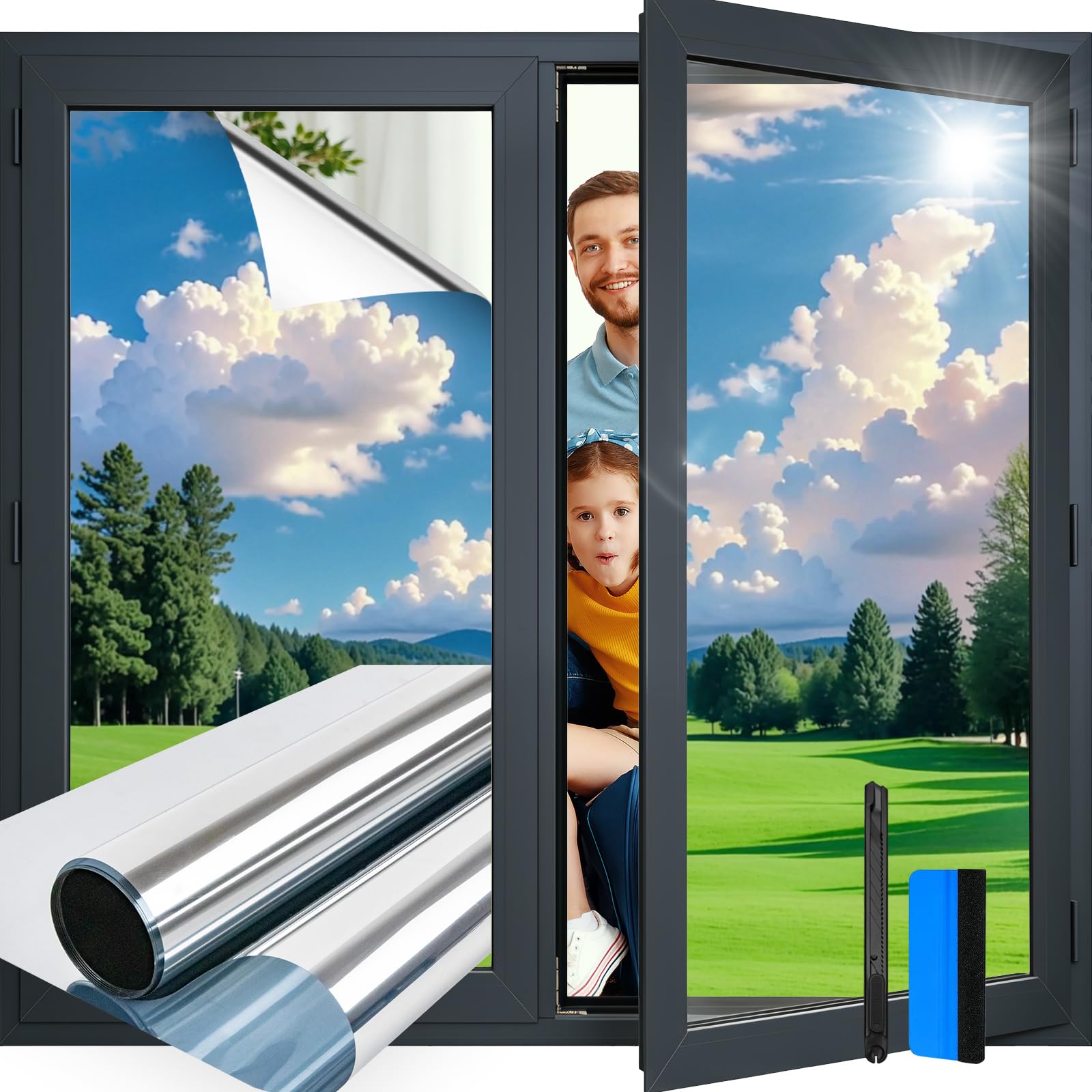 Aurathon Fensterfolie Blickdicht Sichtschutzfolie Fenster mit Montagematerial Anti-UV Statische für Schlafzimmer, Büro, Wohnzimmer