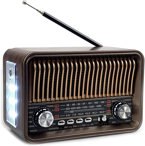 Radio retro vintage Bluetooth, radio portátil de banda completa AM FM SW transistor wLED Fladhlight, radio con bateríarecargable, soporte TF