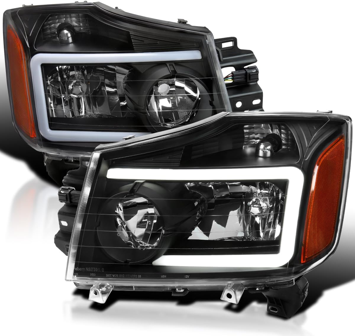 SPEC-D TUNING Black Headlights w/LED Light Bar Compatible with 2004-2015 Nissan Titan, 2004-2007 Armada, Left + Right Pair Headlamp Assembly