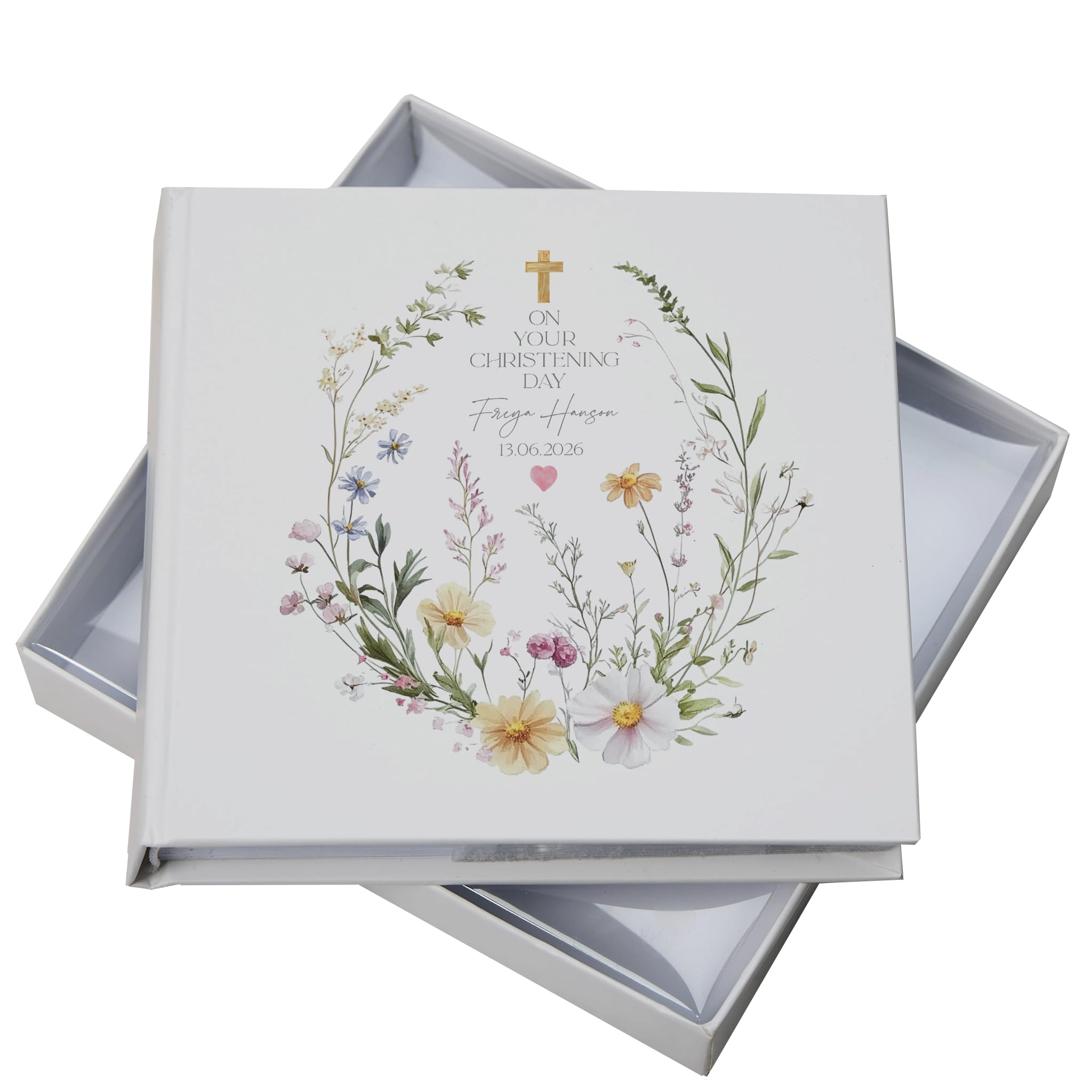 Personalised Christening Baptism Communion Photo Album, Floral Design, Holds 50 Photos, with Writing Space, Gift Box Included