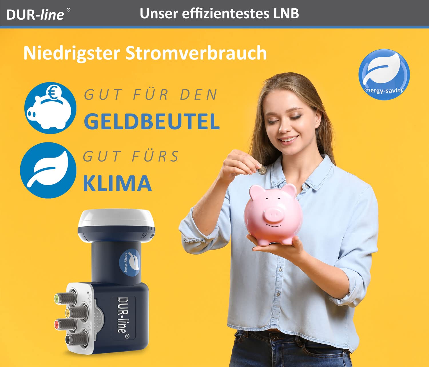 DUR-line Blue ECO Quattro LNB - Extremadamente ahorro de energía - Solo para multiinterruptores - Calidad premium - [Prueba muy buena*] Digital, Full HD, 4K, 3D